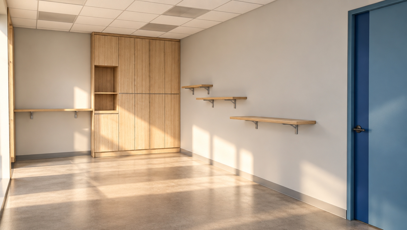 A wide-angle architectural photograph capturing this exact room bathed in warm morning sunlight, preserving the precise layout, perspective, and composition. The light gray walls feature a smooth matte finish catching soft ambient reflections and gentle morning light gradients. The light wood grain tall cabinets and floating stepped shelves display natural oak micro-textures and subtle satin sheen, mounted securely with realistic metal brackets. The ceiling presents crisp white suspended acoustic tiles with realistic grid joints and subtle recessed panel textures. Natural daylight creates warm highlights across the floor and walls alongside soft, authentic contact shadows, rendered with sharp focus, realistic depth of field, and clean photographic balance.