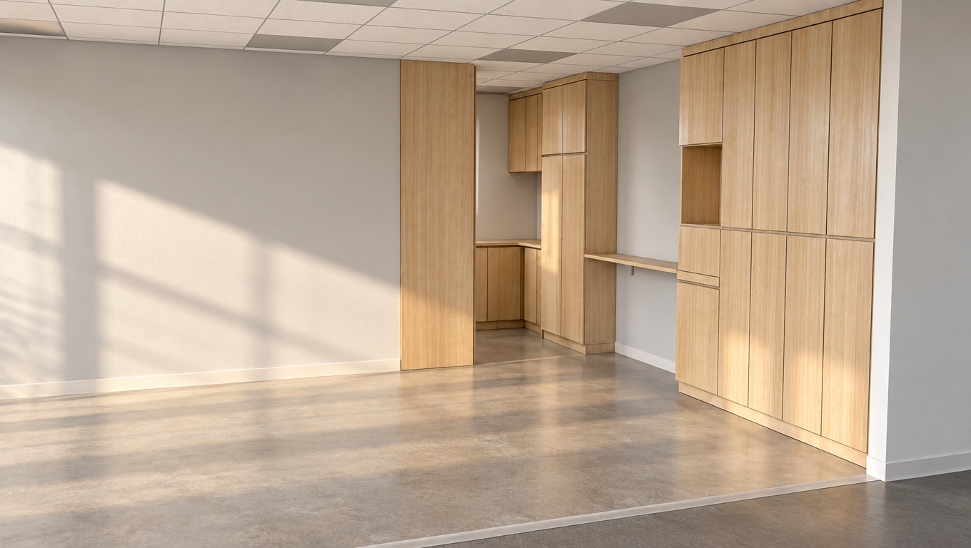 Photographed with a wide-angle architectural lens, the scene is illuminated by warm, low-angled morning sunlight casting soft shadows and natural highlights across the room. The walls are rendered in smooth, matte light-gray paint, while the ceiling features textured white acoustic panels within a crisp suspended metal grid. All built-in cabinetry is finished in realistic light-toned wood grain veneer with delicate panel seams and soft reflections. Natural bounced daylight fills the space, showcasing realistic material textures, subtle depth, and authentic interior photography quality while preserving the exact layout and perspective.