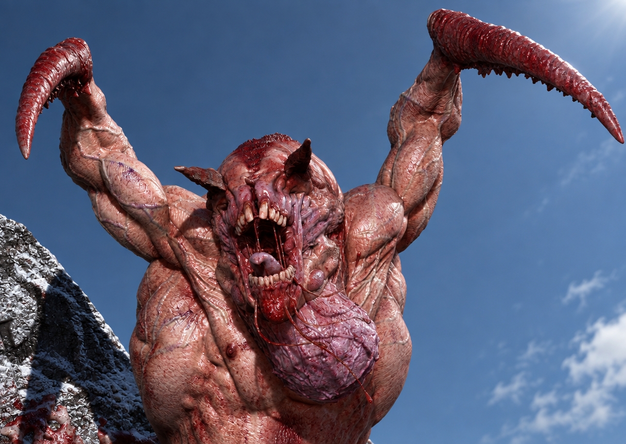 A sharp medium photograph of the grotesque muscular creature illuminated by harsh, cold winter midday sunlight, preserving the exact geometry, perspective, and composition. The direct high-angle light reveals realistic subsurface scattering through the translucent, veiny pink and red flesh, catching brilliant specular highlights on the wet saliva and exposed teeth inside the gaping maw. The raised chitinous claws exhibit natural organic wear, ridges, and micro-scratches, while the adjacent rock texture shows sharp, frozen mineral detail under deep, hard-edged shadows. The scene features a cool daylight color temperature, balanced contrast, crisp atmospheric clarity, gentle optical vignetting, and fine photographic grain.