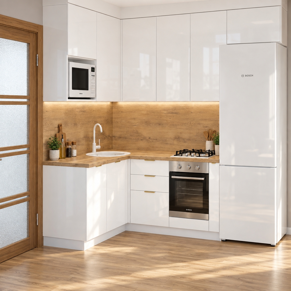 A crisp, architectural interior photograph capturing the identical kitchen layout, preserving all existing geometry, camera perspective, and composition. All upper and lower cabinetry doors feature smooth, ultra-reflective high-gloss white finishes reflecting gentle ambient light. The microwave niche holds a sleek, seamlessly built-in white microwave aligned with the surrounding gloss panels. Warm, natural daylight diffuses across the realistic light-wood grain countertop and matching wooden backsplash, casting authentic soft shadows beneath the cabinets. Photographed with a sharp 35mm lens, the image displays natural depth of field, balanced warm-neutral color balance, and subtle specular highlights on polished gloss and metallic hardware.