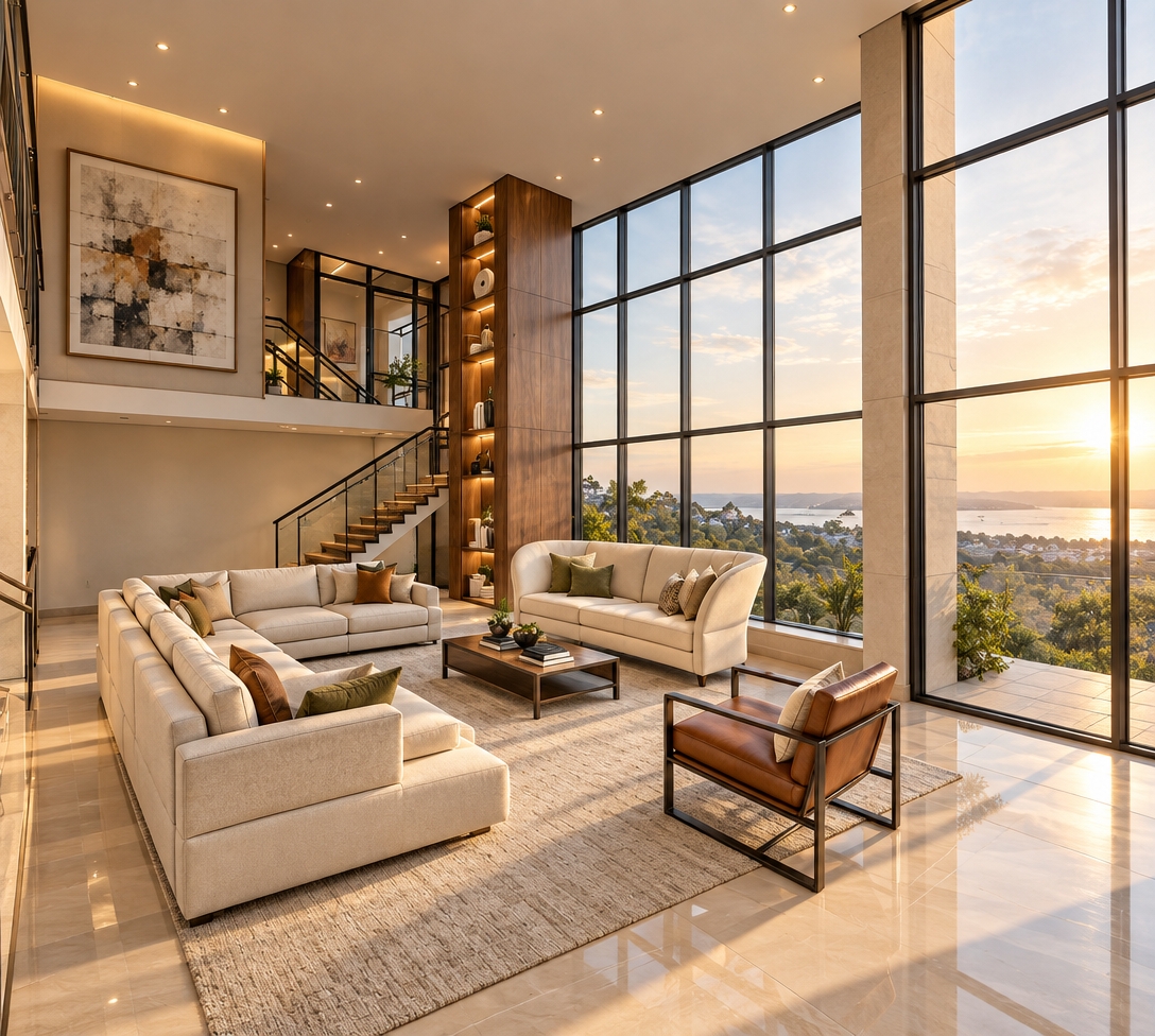 An incredibly lifelike, richly detailed, photorealistic wide-angle interior shot of a luxurious double-height mezzanine living room set in an upscale hillside residence in Buziga, Kampala. The scene is illuminated by radiant golden-hour sunrise light streaming through soaring black-framed grid windows, creating an airy, serene, and sophisticated atmosphere. Captured with a professional 24mm tilt-shift lens, emphasizing plush cream upholstery, polished stone flooring, and warm vertical timber paneling. The spacious lounge centers around a modular sectional, a curved sofa, and a sleek cognac leather armchair situated over a textured neutral rug. An illuminated, floor-to-ceiling walnut display column seamlessly transitions to an open-tread staircase ascending to the glass-railed mezzanine above, while the expansive glass facade frames panoramic vistas of lush rolling hills and a tranquil distant lake.