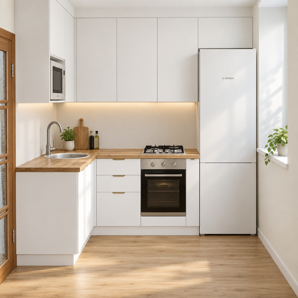 A realistic interior photograph maintaining the exact camera angle and composition of the kitchen scene, featuring seamless matte white cabinetry with an integrated, built-in white microwave in the upper-left cabinet niche. Natural daylight streams softly from the right, casting gentle diffuse shadows across the light oak countertops, stainless steel oven, and light wood flooring. Fine surface textures, realistic ambient occlusion, and subtle photographic depth bring authentic materiality to the appliances and finishes.