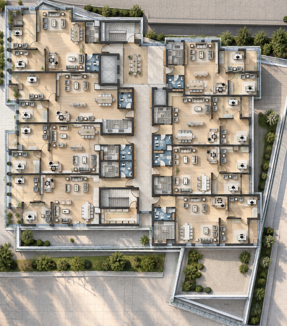 An incredibly lifelike, richly detailed, photorealistic top-down architectural photograph of an expansive modern office complex set in an upscale commercial building. The scene is illuminated by gentle, natural daylight pouring through perimeter glass terraces and large windows, creating a serene, luminous, and orderly minimalist haven atmosphere. Captured with a high-resolution medium-format camera and an ultra-sharp architectural tilt-shift lens, emphasizing the subtle grain of pale oak hardwood flooring, crisp matte-white partitions, and soft ambient drop shadows under every curated piece of furniture. Across each organized suite, low-profile upholstered lounge seating, sleek minimalist executive desks with ergonomic task chairs, and contemporary dining and meeting tables are cleanly arranged, complemented by pristine stone-tiled kitchenettes and compact, modern restrooms that highlight practical elegance in a unified, open-plan workspace.