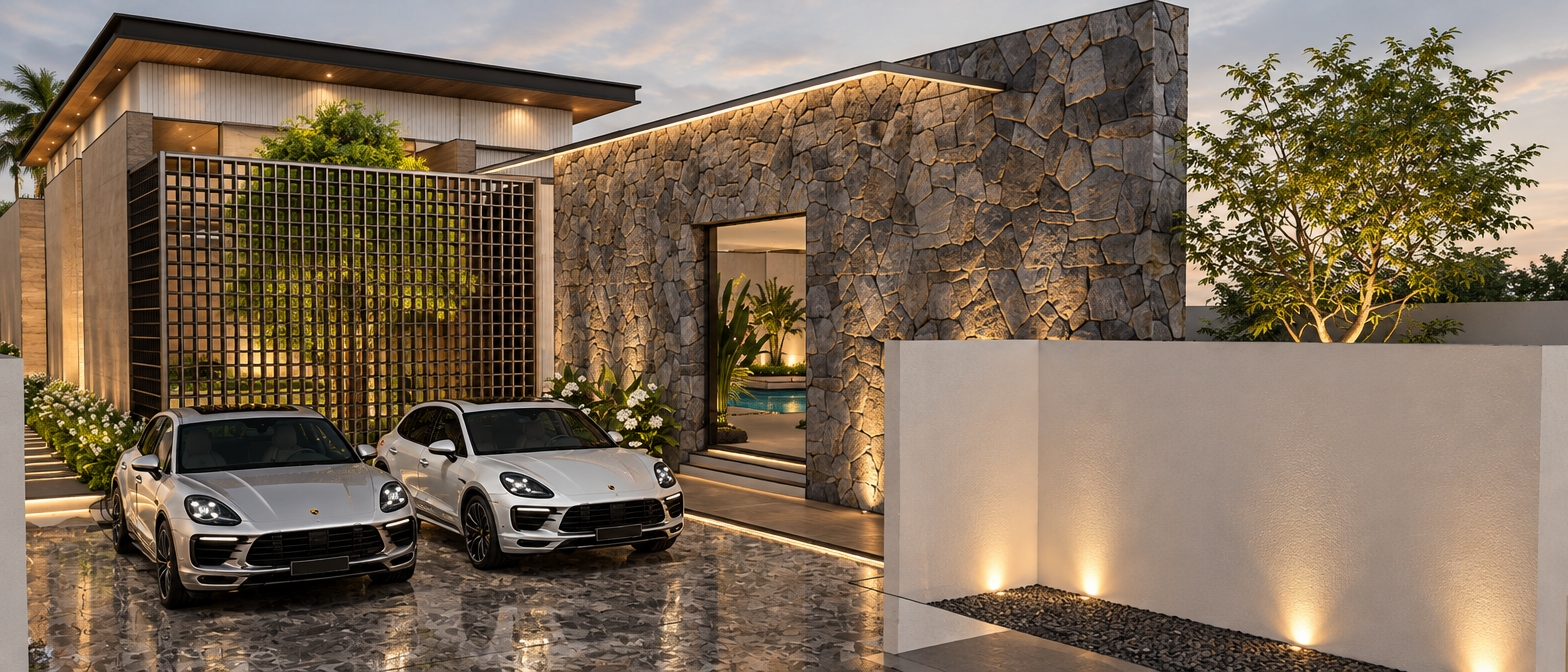 Create a realistic image that reflects luxury and sophistication, with stonework that looks as natural as possible.