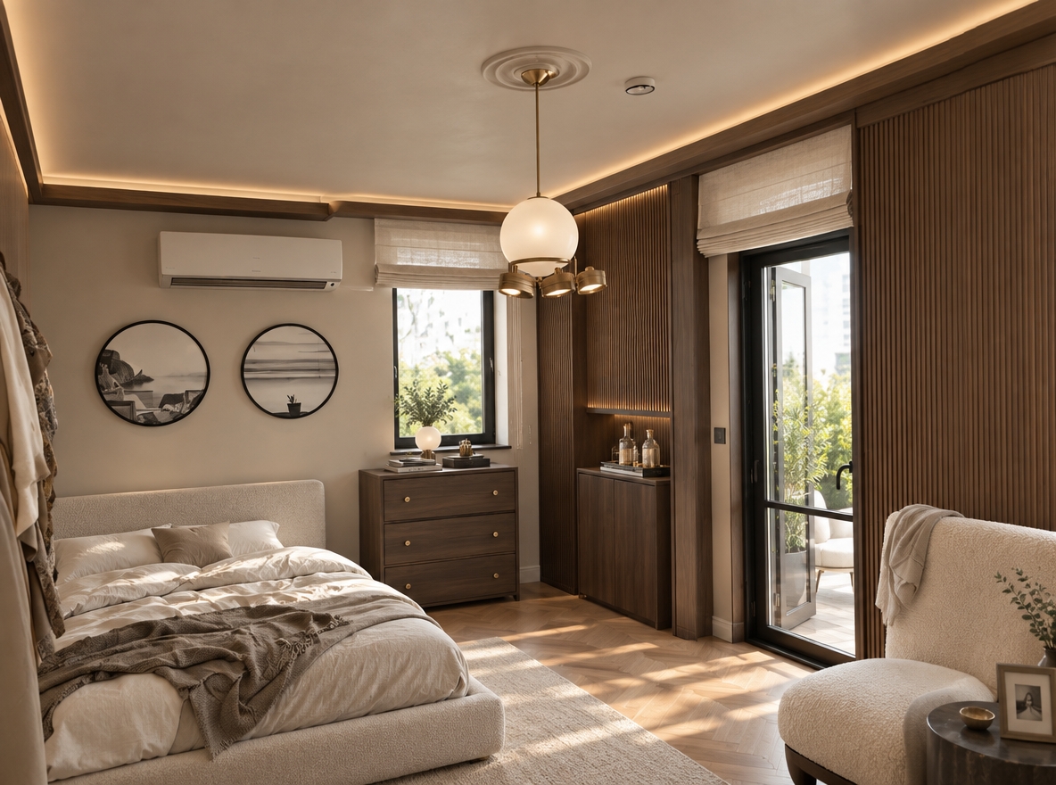 An incredibly lifelike, richly detailed, photorealistic wide-angle interior photo of a transformed master bedroom set in a luxury contemporary urban residence. The scene is illuminated by gentle, diffused morning sunlight filtering through floor-to-ceiling sheer ivory drapery and warm ambient perimeter cove lighting, creating a serene, peaceful, and elevated atmosphere. Captured with a professional 24mm architectural tilt-shift lens, emphasizing the tactile textures of fluted walnut paneling, crisp Belgian linen bedding, and the refined sheen of brushed brass accents.

Embodying understated contemporary elegance, the reimagined layout replaces clutter with a balanced, human-scale composition. A low-profile platform bed upholstered in textured cream bouclé anchors the room, framed above by a curated gallery of slim, matte-black wall frames housing minimalist monochromatic fine art. The mismatched furniture and heavy blinds are swapped for seamless custom smoked-oak cabinetry and soft automated roman shades, while the doorway transitions into sleek, black-steel framed glass that opens out onto a sunlit, leafy balcony garden. Warm herringbone oak flooring and a sculptural, curved lounge chair complete this sophisticated, impeccably tailored sanctuary.