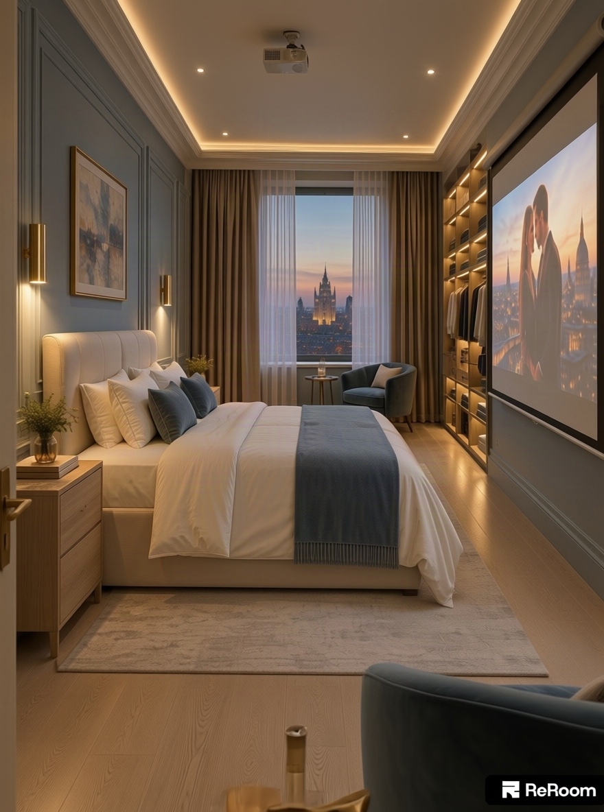 An incredibly lifelike, richly detailed, photorealistic wide-angle interior photograph of an elegant 19-square-meter modern classic bedroom set in a luxury city apartment. The scene is illuminated by the soft, warm golden glow of brushed brass wall sconces, gentle recessed ceiling cove lights, and the cinematic luminescence of a projector, creating a deeply cozy, tranquil evening atmosphere. Captured with a high-end full-frame camera and an ultra-sharp 24mm architectural lens, emphasizing delicate fabric textures, intricate wood grain, and crisp molding profiles. Positioned comfortably against an accent wall painted in a serene, dusty-blue tone with refined neoclassical wall moldings and graceful cornices, a king-sized bed features a tall, softly upholstered cream headboard, draped in immaculate white cotton linens, accented with muted slate-blue velvet cushions, and a folded throw blanket. On either side, minimalist light-wood nightstands are highlighted by warm downlighting from the slender brass sconces. Across the light-beige engineered oak flooring, which reflects subtle ambient highlights, a large motorized projector screen is deployed along the opposite wall, displaying a vivid film scene beamed from a compact ceiling projector discretely mounted above the entrance doorway. Stretching along the left wall is a bespoke, built-in open-concept wardrobe system with backlit shelves, hanging rails, and tidy compartments, while near the tall drapery-framed window at the far end of the room rests a plush, dusty-blue velvet armchair, completing the harmonious, upscale residential retreat.