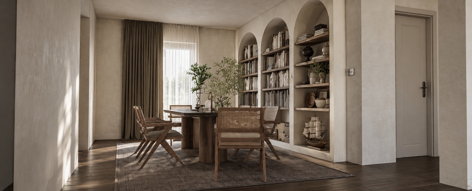 A photorealistic architectural photograph of this exact dining room and arched library, preserving the identical layout, framing, and neutral color palette. Soft, diffused daylight filters through the sheer curtain, creating gentle highlights and realistic contact shadows across the dark wood flooring and textured rug. Surface materials are rendered with tangible realism, including matte plaster walls, natural woven cane chair backs, warm wood grain, and authentic paper textures along the book spines. Captured on a sharp 35mm lens with natural optical depth, soft ambient falloff, and subtle photographic grain.