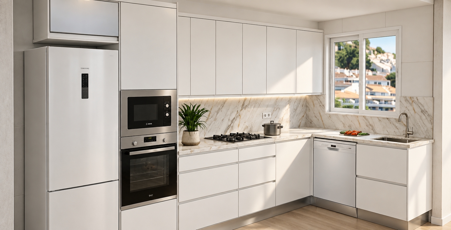 A crisp architectural photograph capturing this exact modern kitchen layout, bathed in soft, natural daylight streaming through the window overlooking sunlit hillside buildings. The handleless matte white cabinetry displays realistic panel seams, complemented by brushed stainless steel toe kicks, a satin-finish metallic microwave and oven tower, and a clean white refrigerator. Smooth polished marble with delicate grey and golden veining across the backsplash and countertops catches soft specular highlights. Gentle, diffused shadows fall naturally beneath the upper cabinetry and around the gas hob and potted plant, captured with sharp focus, true-to-life surface micro-textures, and subtle, natural lens warmth.