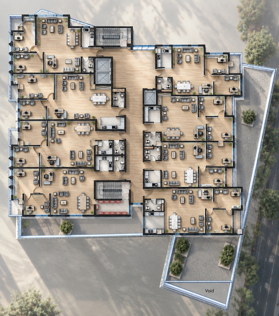 An incredibly lifelike, richly detailed, photorealistic top-down architectural shot of an expansive, modern corporate office suite set in a sleek high-rise environment. The scene is illuminated by soft, diffused natural daylight pouring in through floor-to-ceiling perimeter windows, creating a serene and sophisticated atmosphere defined by subtle, gentle shadows. Captured with a high-resolution wide-angle tilt-shift lens, emphasizing the continuous, warm Scandinavian light-oak plank flooring, crisp white drywall partitions, and sleek matte-black accents. Each contemporary workstation and private office features minimalist furniture, including pale ash wood desks, ergonomic mesh chairs, and muted linen sofas in the open breakout lounges. Polished quartz conference tables and impeccably detailed tiled washrooms add tactile richness, delivering a seamless balance of functional corporate space planning and understated contemporary elegance.