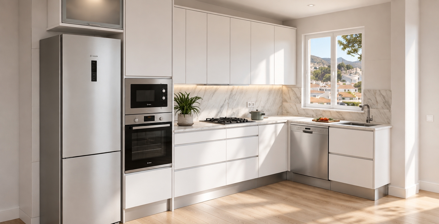 A crisp, authentic architectural photograph capturing the exact layout, geometry, and composition of the modern white kitchen. Natural Mediterranean daylight streams through the window, casting soft shadows across the satin-finish white cabinetry, veined marble backsplash, and stainless steel appliances. Pale blonde wood flooring exhibits realistic grain and subtle light sheen, complemented by authentic material physics, gentle contact shadows, and faint reflections on glass surfaces that ground the scene in reality without altering any elements.