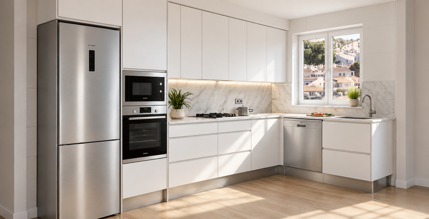 Architectural photograph capturing this exact modern kitchen layout, illuminated by bright natural daylight streaming through the window overlooking the sunlit town. The handleless cabinetry is rendered in smooth matte white with crisp joinery, set above brushed aluminum toe kicks. Countertops and the full-height backsplash display polished white marble with delicate natural veining, softly catching window reflections. The stainless steel and dark glass of the built-in oven, microwave, and tall refrigerator exhibit realistic specular highlights, while the light oak flooring reveals authentic wood grain textures and natural ambient contact shadows, captured crisply with a wide-angle architectural lens.