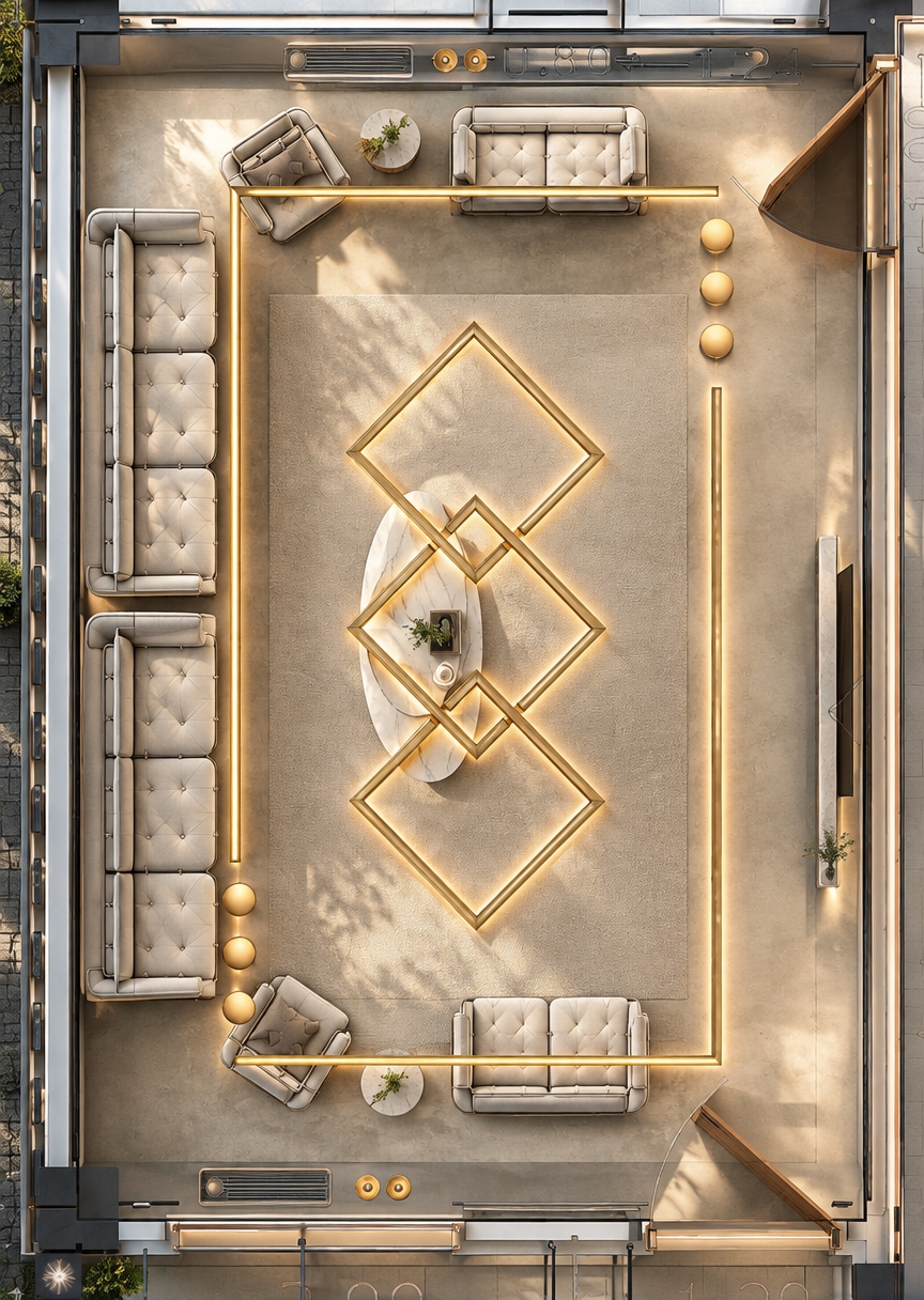 An incredibly lifelike, richly detailed, photorealistic top-down architectural floorplan photo of a contemporary living room set in a serene minimalist haven. The scene is illuminated by bright, diffused summer midday sunlight balanced with the warm, radiant glow of embedded golden line lights and recessed spotlights, creating a clean, inviting atmosphere. Captured with an ultra-sharp architectural tilt-shift lens from a straight-down perspective, emphasizing the luxurious texture of plush tufted sofas, the polished sheen of seamless microcement flooring, and the crisp, glowing geometry of interlocking diamond linear fixtures framing a smooth oval coffee table at the room's heart.