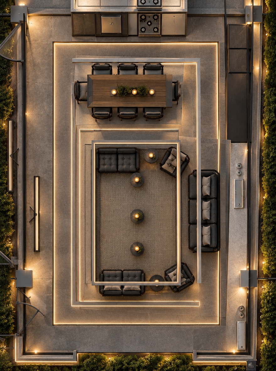 An incredibly lifelike, richly detailed, photorealistic overhead architectural photograph of an outdoor patio lounge set in a luxury contemporary estate. The scene is illuminated by sleek architectural linear lights and warm, embedded spotlights, creating an intimate, sophisticated evening atmosphere. Captured with a wide-angle architectural lens, emphasizing polished concrete pavers, rich dark upholstery on the tailored lounge seating, and the sleek finish of the alfresco dining table. The high-angle perspective highlights the clean geometric layout, where modern linear lighting frames the coordinated living and dining zones with seamless contemporary elegance.
