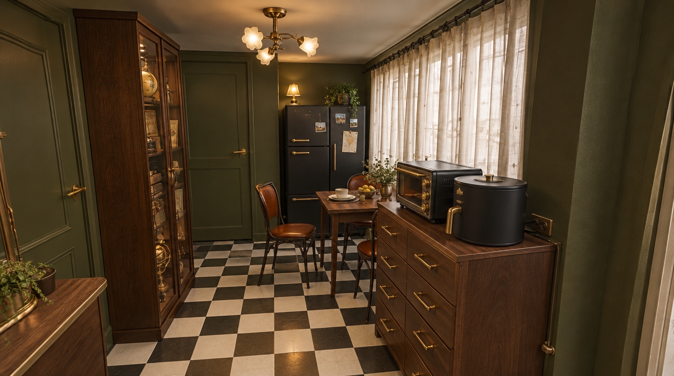 An incredibly lifelike, richly detailed, photorealistic wide-angle interior shot of a transformed eclectic kitchen set in an urban traveler's apartment. The scene is illuminated by warm, inviting pendant lighting combined with soft daylight filtering past the window, creating a cozy and character-rich atmosphere. Captured with a full-frame 24mm f/2.8 lens, emphasizing the crisp contrast of the classic black-and-white checkerboard floor tiles and the velvety depth of the rich olive-green walls. 

Replacing the cluttered appliances, a stately, modern matte-black refrigerator anchors the far alcove, complemented by warm brass accents throughout the room. The old lace is replaced by elegant linen drapery hanging smoothly from a dark metal curtain rod fitted with clean, sliding rings. A dark-stained wooden glass cabinet functions as a traveler’s trove, beautifully displaying vintage globes, antique maps, stacked travel journals, and curios from around the world. In the center, a solid walnut dining table paired with leather-seated bistro chairs brings balance and sophisticated warmth to the high-contrast checkerboard flooring, seamlessly blending adventurous vintage charm with polished modern practicality.