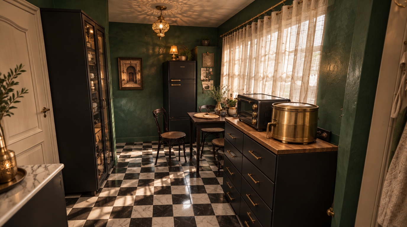 An incredibly lifelike, richly detailed, photorealistic wide-angle shot of an intimate kitchen and dining nook reimagined in an exotic Moroccan mystique style set in a charming apartment interior. The scene is illuminated by soft daylight streaming through the window and the warm, ambient amber glow of an ornate, perforated brass pendant lamp casting delicate geometric shadow patterns, creating a cozy, sophisticated, and enchanting atmosphere. Captured with a professional 24mm wide-angle lens, emphasizing the tactile plaster finish of deep emerald green tadelakt walls, the polished sheen of the classic black-and-white checkerboard floor tiles, and natural linen curtains gracefully suspended from brass rings along a sleek curtain rod. In place of the old units, a tall, minimalist matte-black refrigerator anchors the far wall, beautifully complementing a compact dark wood dining table, sculptural bistro chairs, and refined metallic kitchen accents that transform the space into an atmospheric, stylish haven.