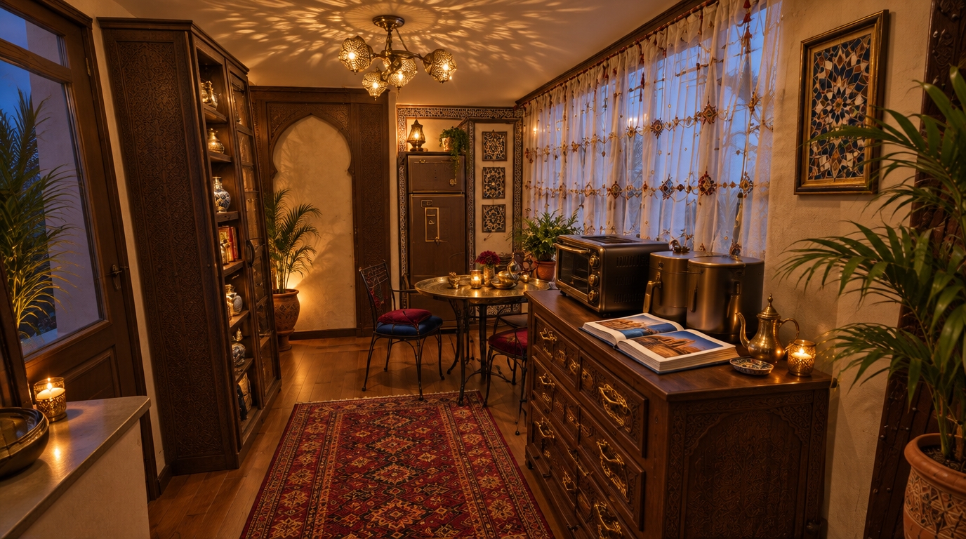 An incredibly lifelike, richly detailed, photorealistic wide-angle shot of an opulent Moroccan mystique kitchen and dining sanctuary set in a reimagined residential apartment. The scene is illuminated by the soft, diffused amber glow of perforated brass filigree pendant lanterns casting mesmerizing geometric shadows across the ceiling, complemented by gentle evening candlelight and a hint of dusky blue twilight seeping through sheer, embroidered drapes, creating a warm, sensual, and enchanting atmosphere. Captured with a full-frame 28mm lens at f/4, emphasizing the intricate relief of hand-carved dark cedarwood, the glossy reflections of hand-painted zellij tilework, and the tactile weave of a crimson-and-gold Berber runner running down the warm timber floor. Utilitarian fixtures are replaced by tailored luxury: the back corner seamlessly incorporates recessed cabinetry framed by a horseshoe archway, while the foreground showcases a hand-carved dark wood buffet accented with hammered metal hardware, gracefully topped with an open fine-art photography book showcasing North African architecture and an ornamental brass teapot. A circular brass-inlaid dining table accompanied by wrought-iron chairs upholstered in rich sapphire and ruby velvet forms an inviting centerpiece beneath the filigree lighting, elegantly balanced by framed geometric star-pattern wall art, vibrant terracotta accents, and cascading indoor potted palms that effortlessly marry exotic Middle Eastern splendor with functional home comfort.