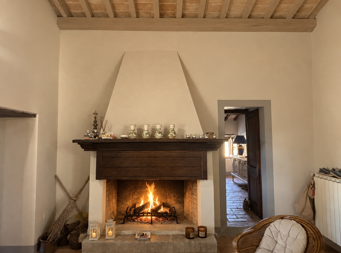 color the beams sand color and imagine a fireplace, respecting the same proportions and shape of the fireplace in the photo, for a country farmhouse, minimalist but refined environment