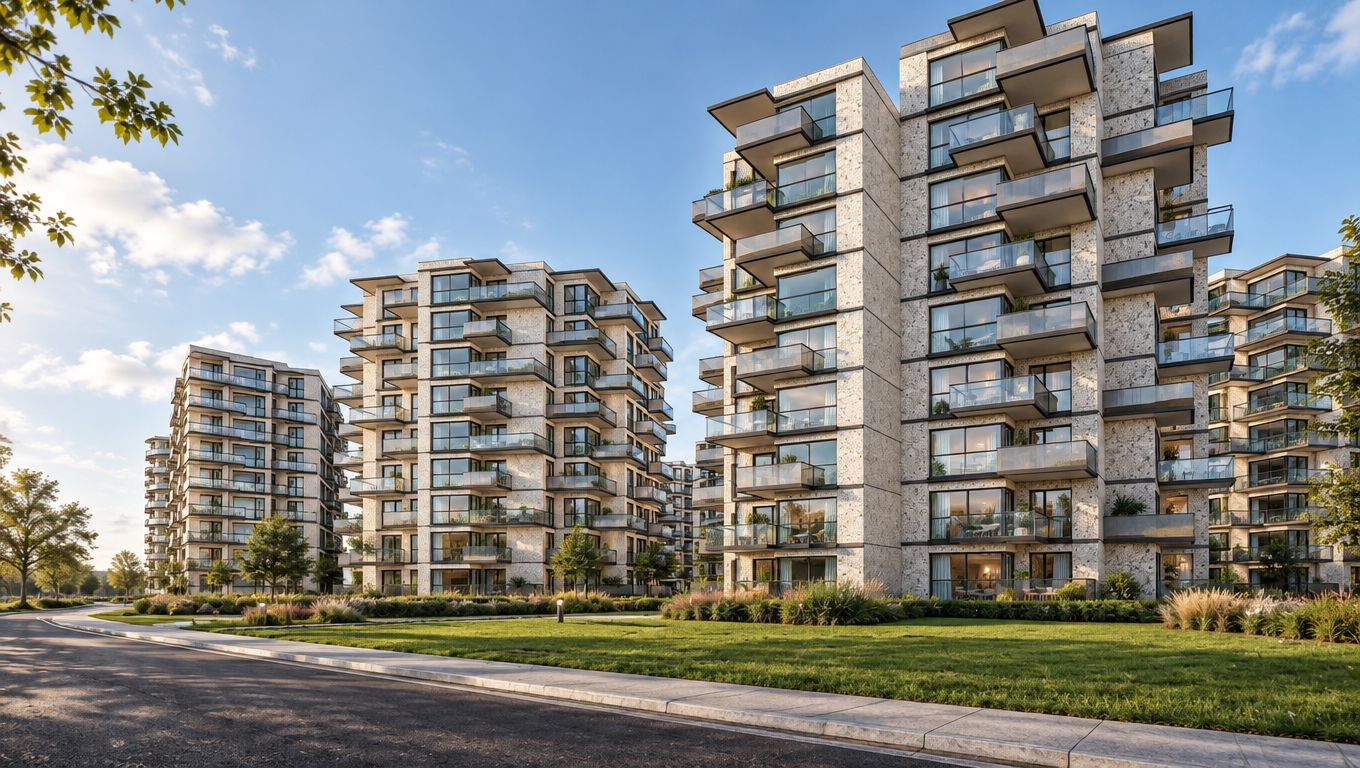 A crisp, daylight architectural photograph capturing the exact low-angle perspective and geometry of the modern residential towers. The facade surfaces are finished with realistic white terrazzo composite panels and fine-textured architectural concrete displaying subtle, varied tonal shifts between each block. Clean glass balcony balustrades reflect the open daytime sky with slight physical imperfections, while window panes show natural reflections, soft interior warm lighting, and hints of domestic life. The foreground grass and asphalt road feature lifelike micro-textures, subtle blade variation, and authentic road wear. Crisp natural sunlight casts soft, directional shadows across the building massing, captured through a tilt-shift architectural lens with neutral color grading, delicate vignetting, and authentic photographic depth.