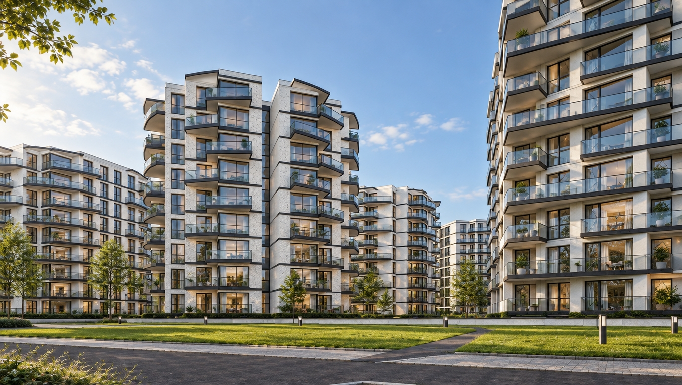 A professional architectural photograph of the modern multi-story residential buildings captured with a sharp wide-angle architectural lens, maintaining the exact perspective, framing, and structure. The facades are rendered in realistic matte white terrazzo cladding and subtly varied tones of precast concrete, contrasted by sleek dark-framed windows and transparent glass balcony railings showing realistic reflections. Crisp daylight illuminates the scene with soft directional shadows, balanced by gentle warm interior illumination glowing through select windows and subtle potted plants on balconies. The foreground lawn is detailed with realistic manicured grass textures and asphalt surfacing, captured with clean dynamic range, accurate material physics, and subtle photographic lens vignetting.