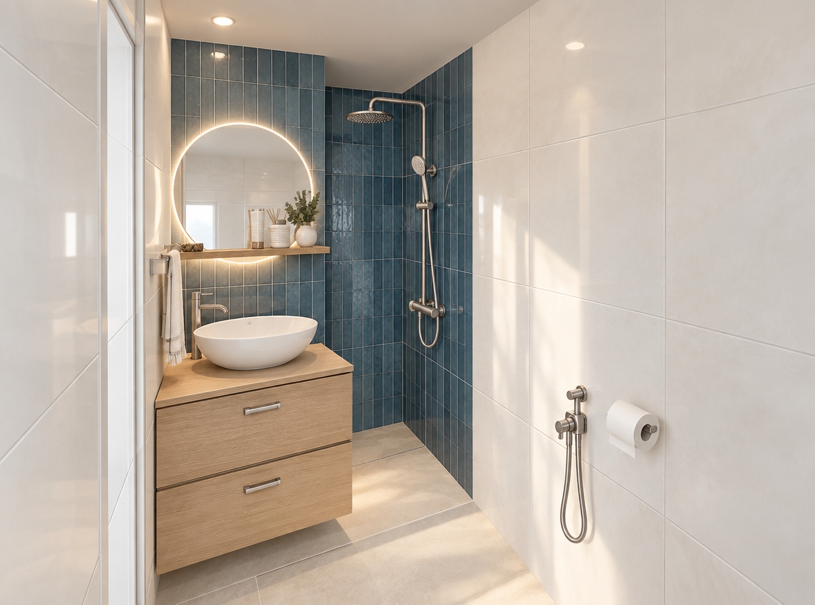 An incredibly lifelike, richly detailed, photorealistic eye-level wide shot of a refreshed modern bathroom set in a sunlit coastal residence. The scene is illuminated by recessed warm downlights and a soft, ambient halo glow emanating from behind a frameless round mirror, creating an airy, serene "coastal breeze" atmosphere. Captured with a full-frame 24mm wide-angle lens, emphasizing clean geometric planes, smooth ceramic surfaces, and subtle tile textures. 

Redesigned with a refined minimalist aesthetic, the left and right walls are enveloped in large-format, matte white porcelain tiles that reflect light and amplify the feeling of space. Anchoring the shower alcove at the far end, the back accent wall is clad in vertically stacked, oceanic deep-blue ceramic tiles that evoke the tranquil depths of the sea. Resting on the floating light-oak vanity is a sleek, seamless pure-white ceramic vessel sink, paired with a minimalist brushed-chrome faucet that replaces the heavy textures of the original. The floor continues with crisp, slip-resistant light neutral tiling, ensuring a seamless flow that perfectly balances fresh coastal vibrancy with uncluttered, functional elegance.
