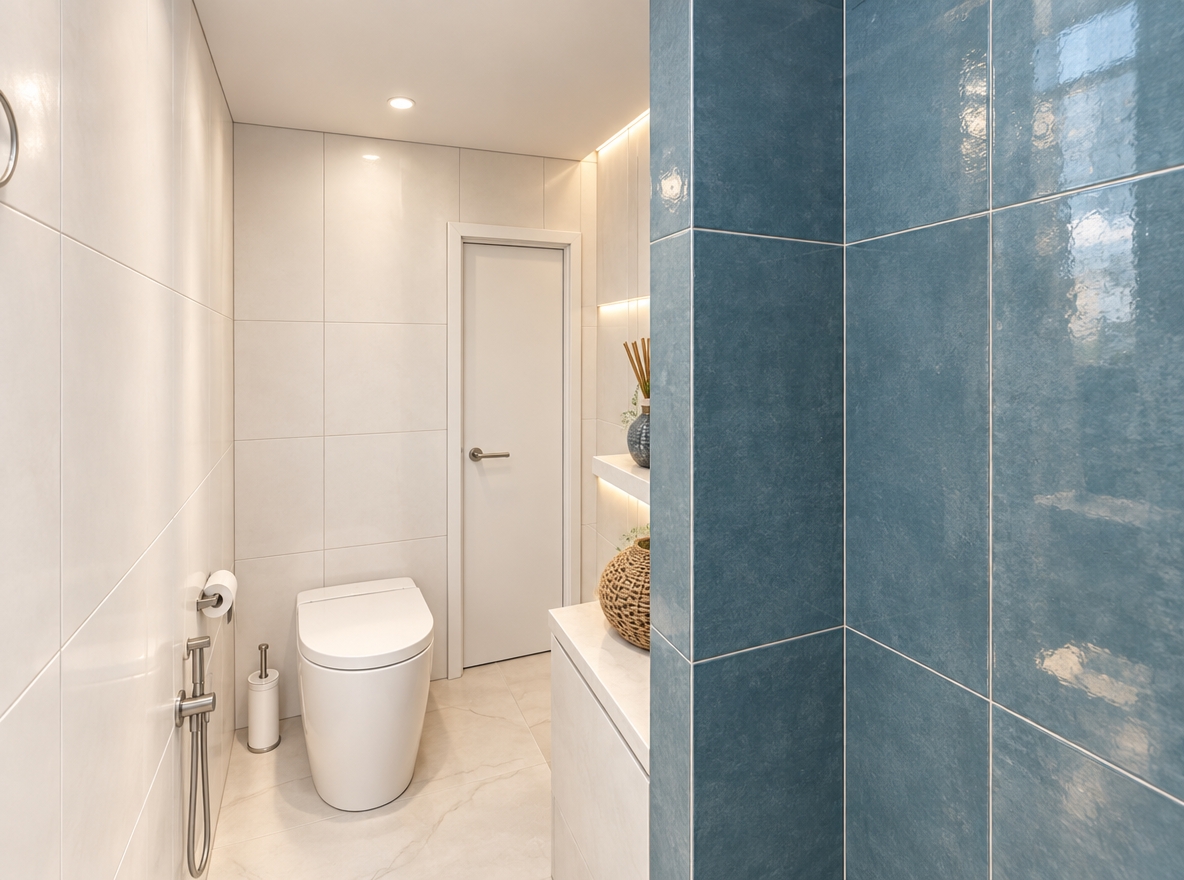 An incredibly lifelike, richly detailed, photorealistic wide-angle interior shot of a minimalist powder room set in a breezy coastal residence. The scene is illuminated by crisp, recessed ceiling downlights and soft, warm LED backlighting grazing down the alcove, creating a serene, airy, and rejuvenating coastal atmosphere. Captured with a professional full-frame camera paired with a 24mm architectural lens, emphasizing the crisp contrast between glossy oceanic blue tiles on the prominent foreground right-side partition wall and the pristine, seamless large-format matte white tiles lining the rest of the space. The former textured commode is replaced by a sleek, minimalist freestanding toilet sculpted in smooth, pure white glazed ceramic with clean geometric contours. Along the niche and adjacent surfaces, the warm glow highlights refined coastal accents, while brushed chrome hardware and a simple white door accentuate the immaculate, refreshing simplicity of modern seaside minimalism.