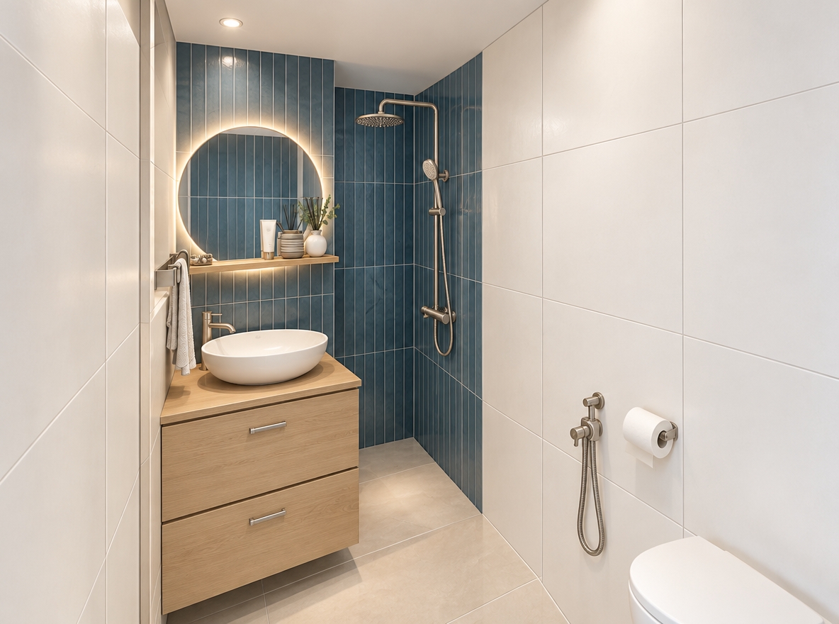 An incredibly lifelike, richly detailed, photorealistic interior shot of a reimagined coastal minimalist bathroom set in a serene, modern seaside residence. The scene is illuminated by soft recessed overhead spotlights paired with a warm, glowing halo behind the circular mirror, creating an airy, refreshing "coastal breeze" atmosphere. Captured with a wide-angle 24mm architectural lens, emphasizing smooth matte finishes, crisp grout lines, and soft reflections on pristine surfaces. Maintaining the compact, functional layout, the left and right walls are clad in clean, seamless matte white tiles that amplify brightness, while the rear shower wall becomes a striking focal point with deep ocean-blue vertical tiles evoking coastal waters. A sleek, untiled pure white ceramic vessel sink sits atop the light natural wood floating vanity, perfectly balanced by minimalist brushed nickel fixtures, a pristine white wall-hung toilet, and uncluttered accents that bring an effortless, spa-like tranquility to the space.