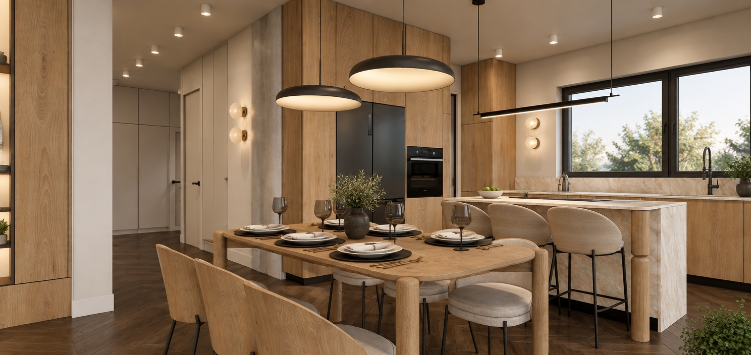 A photorealistic architectural photograph of the modern dining and kitchen space, precisely preserving the geometry and camera perspective. All light fixtures are illuminated, casting a warm glow from the pendant lights, ceiling spotlights, and translucent glass wall sconces. Cabinetry, chairs, and table legs are finished in authentic light oak wood grain, paired with smooth matte walls in a cool light cashmere tone. The kitchen island and matching countertops display refined beige sintered stone with subtle surface texture, complemented by soft reflections across the dark herringbone parquet and dark integrated appliances under balanced interior lighting.