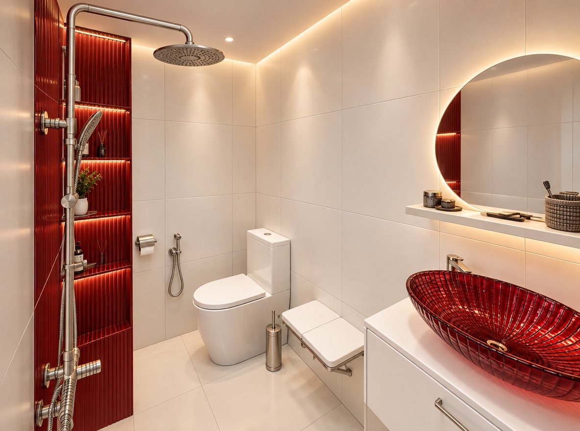 An incredibly lifelike, richly detailed, photorealistic wide-angle interior photograph of a modern bathroom reimagined in a serene Digital Zen aesthetic set in a high-end minimalist urban home. The scene is illuminated by concealed cool-to-warm gradient LED cove lights and the soft perimeter halo behind the circular mirror, creating a meditative, balanced, and visually striking atmosphere. Captured with a 24mm architectural lens, emphasizing tactile raised-relief ceramic surfaces, brushed stainless steel hardware, and bold chromatic contrasts, the redesigned space replaces the muted grey stone with pristine matte white large-format porcelain tiles across the walls and floor, dynamically paired with deep crimson-red tiles featuring sculptural, 3D raised-relief fluted textures along the shower wall and illuminated display niches. The toilet is finished in a smooth, high-gloss pure white ceramic, while the floating vanity is refreshed in a minimalist white-lacquered finish crowned by a crystalline crimson vessel basin that catches the ambient backlighting, perfectly harmonizing futuristic digital clean lines with Japanese-inspired zen tranquility.