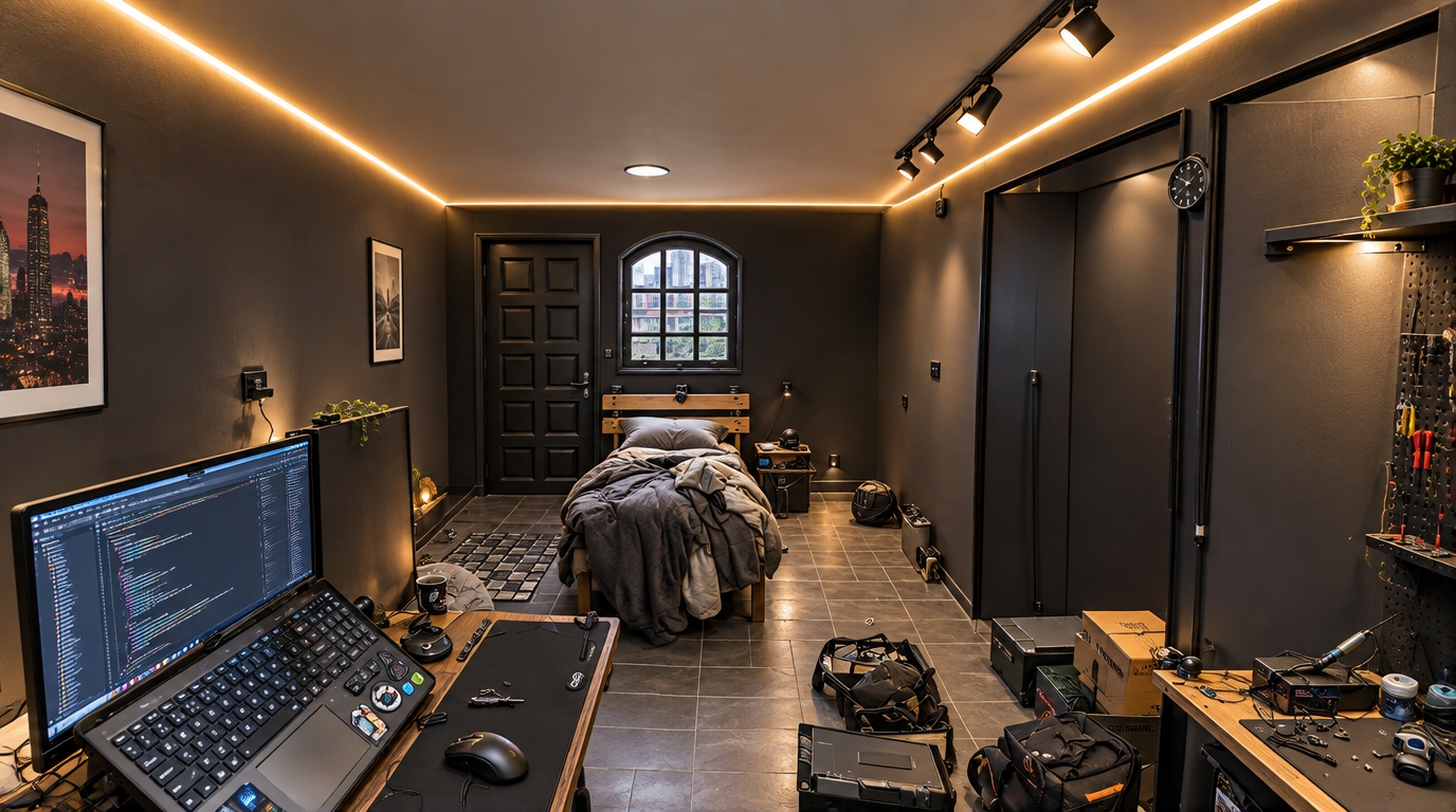 An incredibly lifelike, richly detailed, photorealistic wide-angle interior shot of a tech-centric bedroom and workstation set in an urban studio apartment. The scene is illuminated by crisp, continuous warm-white cove LED strips tracing the ceiling perimeter and directed black track spotlights, creating a focused, high-contrast cyber-eclectic atmosphere. Captured with a 16mm ultra-wide-angle lens on a full-frame sensor, emphasizing the smooth sheen of satin black architectural finishes and the tactile variety of tech gear and workshop textures. 

The back feature wall is seamlessly anchored by the paneled wooden door and the arched multi-pane window frame, both newly coated in a sophisticated, uniform satin black finish that catches subtle linear highlights against the deep dark wall. Preserving the lived-in creative vibe, the elongated room features slate-like grey floor tiles, an active coding desk in the foreground packed with laptops and peripherals, a central unmade wooden bed layered with cozy blankets, and the open modular storage and tool-bench alcoves on the right, striking an authentic balance between raw, functional maker-space utility and modern ambient minimalism.