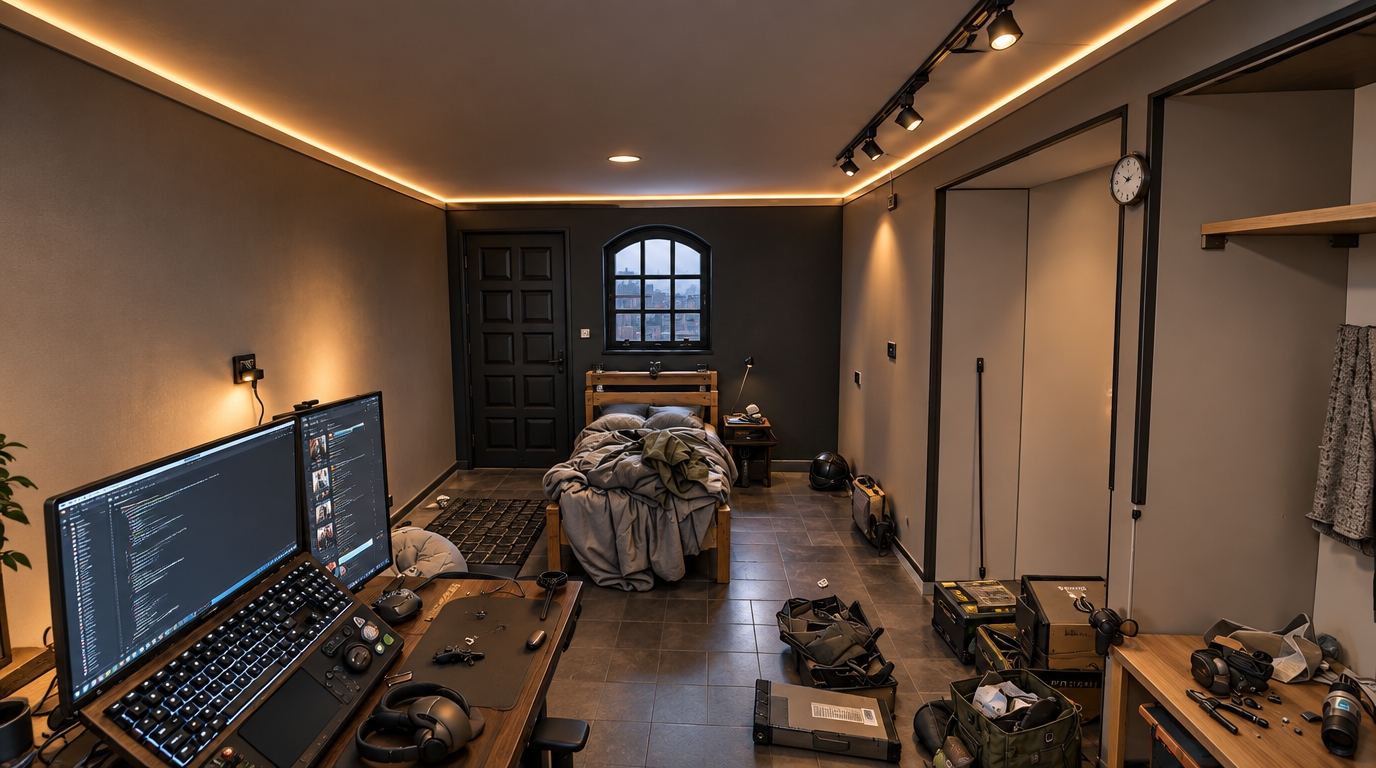 An incredibly lifelike, richly detailed, photorealistic wide-angle interior shot of a long multi-functional bedroom and workstation set in an urban studio apartment. The scene is illuminated by glowing perimeter linear LED strips integrated into the ceiling trim and modern black track spotlights, casting a warm-meets-cool ambient light that creates an immersive, moody cyber-eclectic atmosphere. Captured with an ultra-wide 14mm lens, emphasizing the matte finishes, metallic reflections, and tactile room textures, the space retains its exact layout, furniture, and lived-in arrangement—including the active desk setup, unmade wooden bed, and workshop storage. Elevated by a deliberate design update, the ornate multi-paneled door and the arched multi-pane window on the dark accent wall have been refinished in a sleek, seamless satin black. This uniform satin finish softens reflections while blending the architectural woodwork effortlessly into the deep accent wall, giving the eclectic, tech-driven space a more cohesive, modern, and stealthy aesthetic without altering the existing walls, ceiling, or everyday objects.
