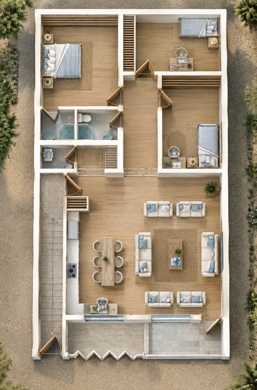 An incredibly lifelike, richly detailed, photorealistic top-down architectural interior shot of an expansive, open-concept coastal living and dining space set in a sun-drenched seaside residence. The scene is illuminated by brilliant, diffused midday sunlight washing through wide glass terrace doors, creating an airy, light, and effortlessly relaxed coastal atmosphere. Captured with a professional medium-format camera and a crisp 24mm tilt-shift lens, emphasizing the warm, sandy-toned wooden floorboards, textured woven rugs, and smooth white-washed walls. At the center, a long natural oak dining table is flanked by minimalist rounded chairs, while the adjacent lounge area features plush, sandy-beige linen sofas arranged around a slatted wooden coffee table adorned with an open photography book. Splashes of oceanic blue, vibrant potted fiddle-leaf figs, tasteful seascape wall art, and coastal wicker accents enhance the breezy, uncluttered aesthetic, seamlessly connecting the open entertaining zone to peaceful adjacent suites.