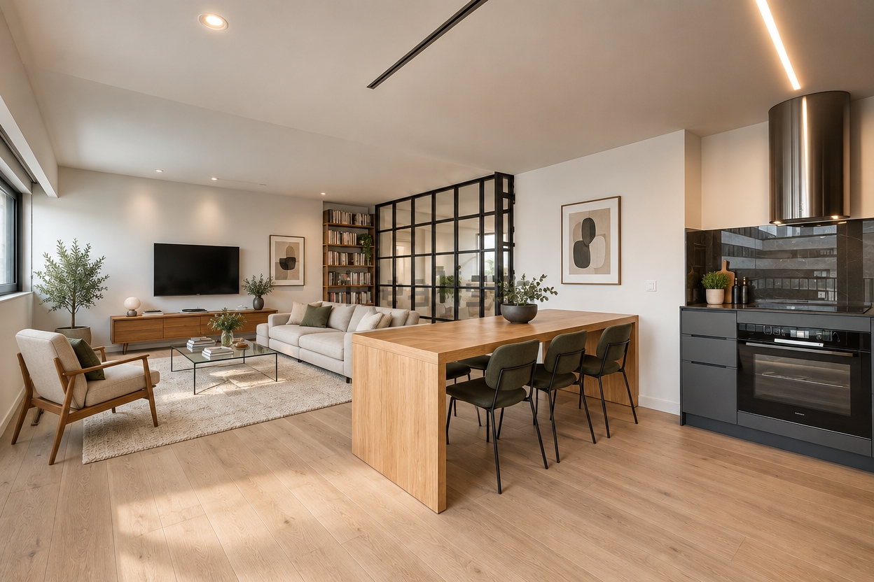 A wide-angle architectural photograph of the modern open-plan apartment, preserving the exact camera perspective, light oak flooring, dark kitchen cabinetry with integrated oven and range hood, and the central wooden waterfall table. In the open living space, a contemporary sofa, an accent armchair, a low glass coffee table, a sleek wall-mounted TV, and a bookshelf lined with books furnish the room along the plain walls. Soft daylight from the left window blends with the warm ceiling lights, casting natural shadows and reflections across the glass partition, rendered with crisp focus, lifelike surface textures, and subtle photographic grain.
