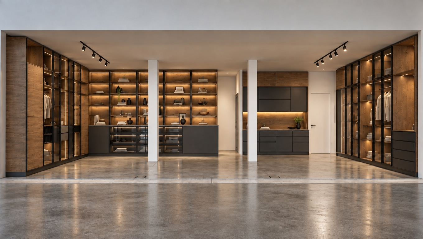 A wide-angle architectural photograph captures this modern garage and walk-in wardrobe space with the back door now closed, matching the surrounding white wall and frame. Soft, natural interior illumination blends with the warm 2700K integrated LED shelf lighting, highlighting rich wood grain textures and matte charcoal cabinetry. The polished concrete floor exhibits realistic surface micro-scratches, subtle mottled reflections, and authentic dust motes, while clean glass cabinet doors show slight specular variations, all captured with sharp focus, neutral exposure, and faint optical falloff.