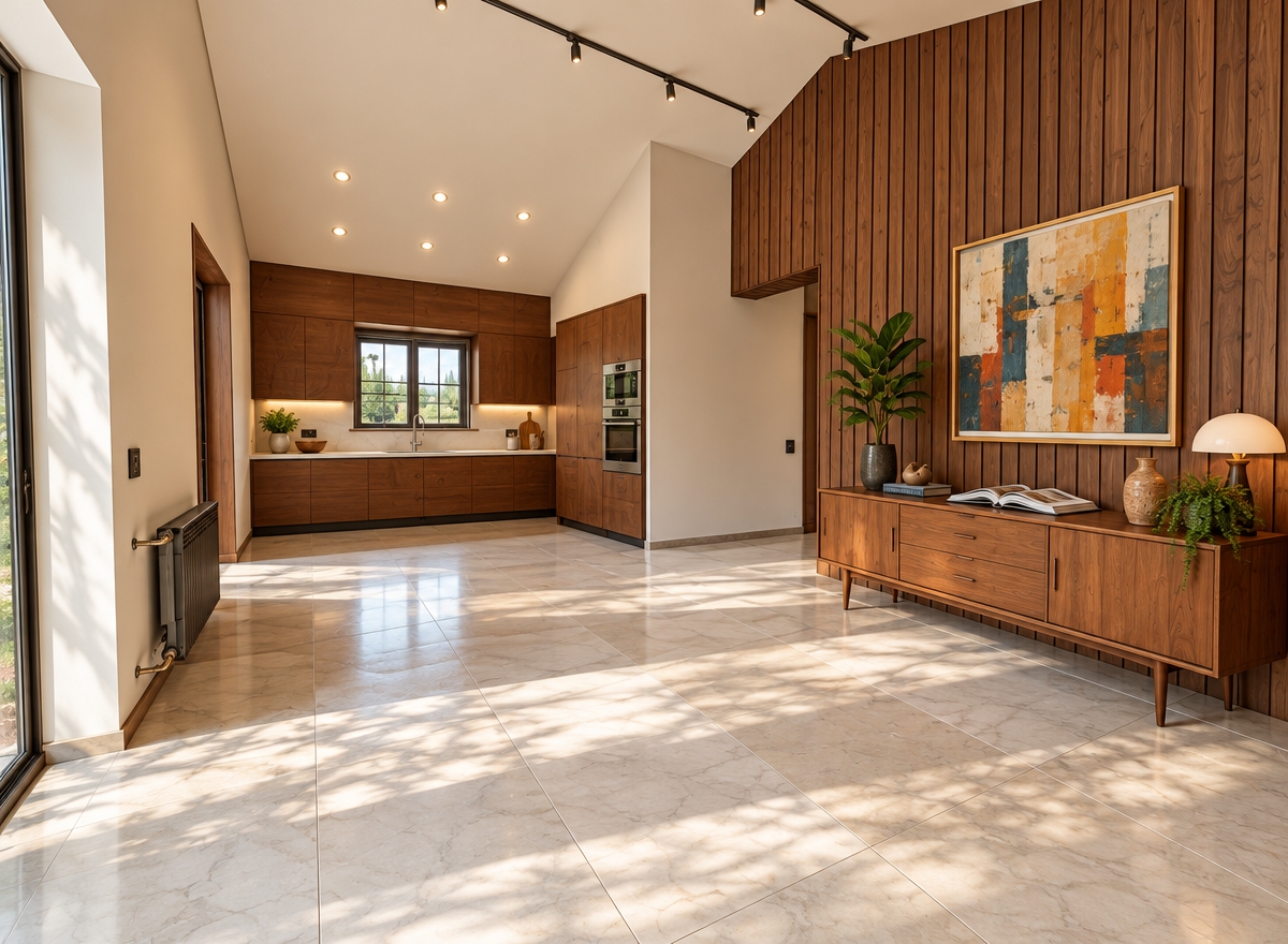 An incredibly lifelike, richly detailed, photorealistic wide-angle interior shot of a sophisticated open-concept mid-century modern kitchen and dining pavilion set in a sun-drenched countryside retreat. The scene is illuminated by bright midday summer light streaming through expansive garden-facing windows, complemented by warm recessed ceiling lights, creating an airy, comfortable, and nostalgic atmosphere. Captured with a professional 24mm architectural tilt-shift lens, emphasizing the rich vertical walnut wall paneling, smooth matte marble-tiled floors, and finely oiled wood grains. 

The back alcove is transformed into a sleek, functional kitchen featuring streamlined flat-panel teak and walnut cabinetry, seamless off-white quartz counters, and integrated stainless steel appliances. Against the warm wooden feature wall, a credenza with iconic tapered legs displays curated mid-century ceramic decor, a glossy photography book left open on a sleek surface, and a framed abstract painting boasting vivid brushstrokes of burnt orange, mustard, and muted blues. Sculptural indoor plants, including an architectural fiddle-leaf fig and potted ferns, breathe life into the clutter-free, linear space, while the airy, vaulted ceiling enhances the timeless, balanced harmony of retro-chic design and organic modern living.