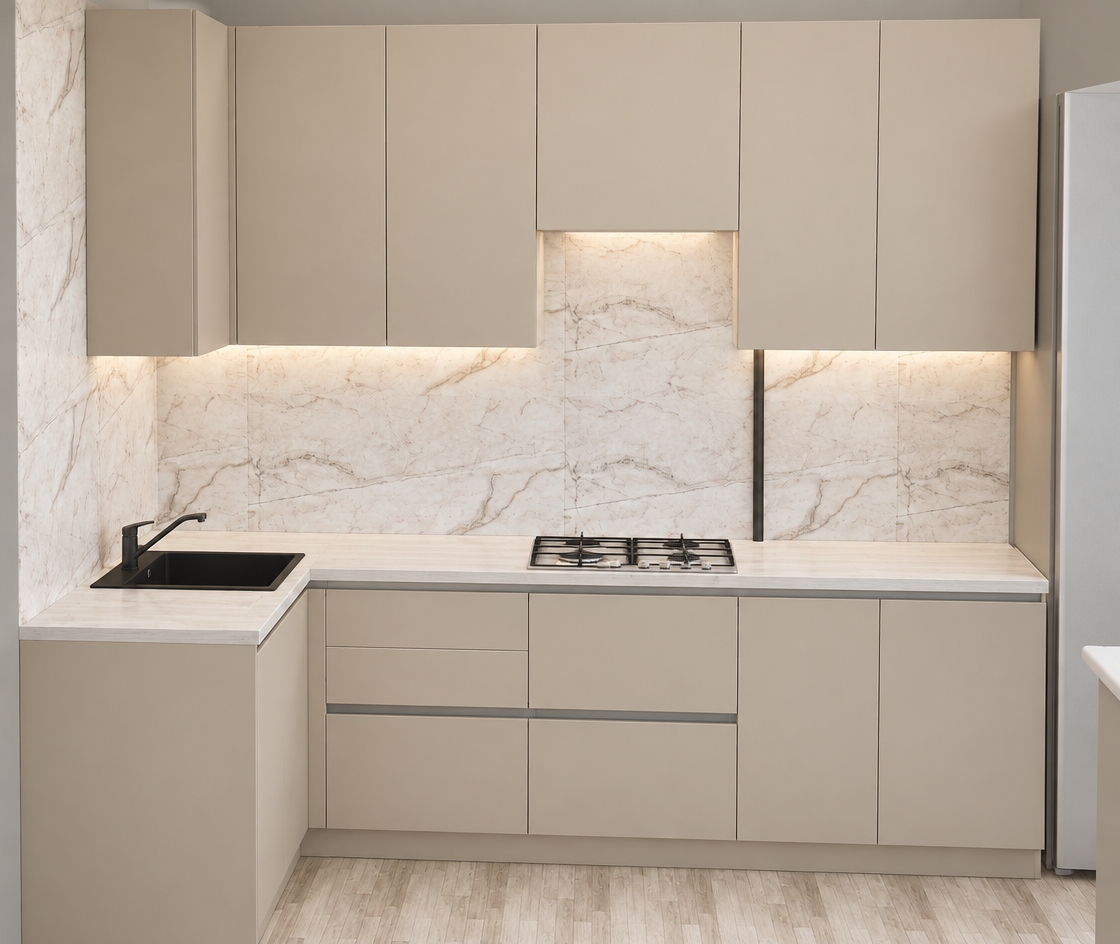 A crisp interior architectural photograph maintaining the exact layout, geometry, and composition of the kitchen scene, capturing smooth beige matte-finish cabinetry, a soft-veined marble tile backsplash, and a modern black undermount sink with a matte faucet. The countertop material is transformed into a subtle, almost pure white wood finish with faint, delicate linear grain and a refined satin sheen. Soft, natural ambient indoor lighting illuminates the space with neutral 4500K light, creating gentle contact shadows beneath the upper cabinets and highlighting realistic micro-textures on the wooden worktop, metal gas burners, and light plank flooring with clean, documentary clarity.