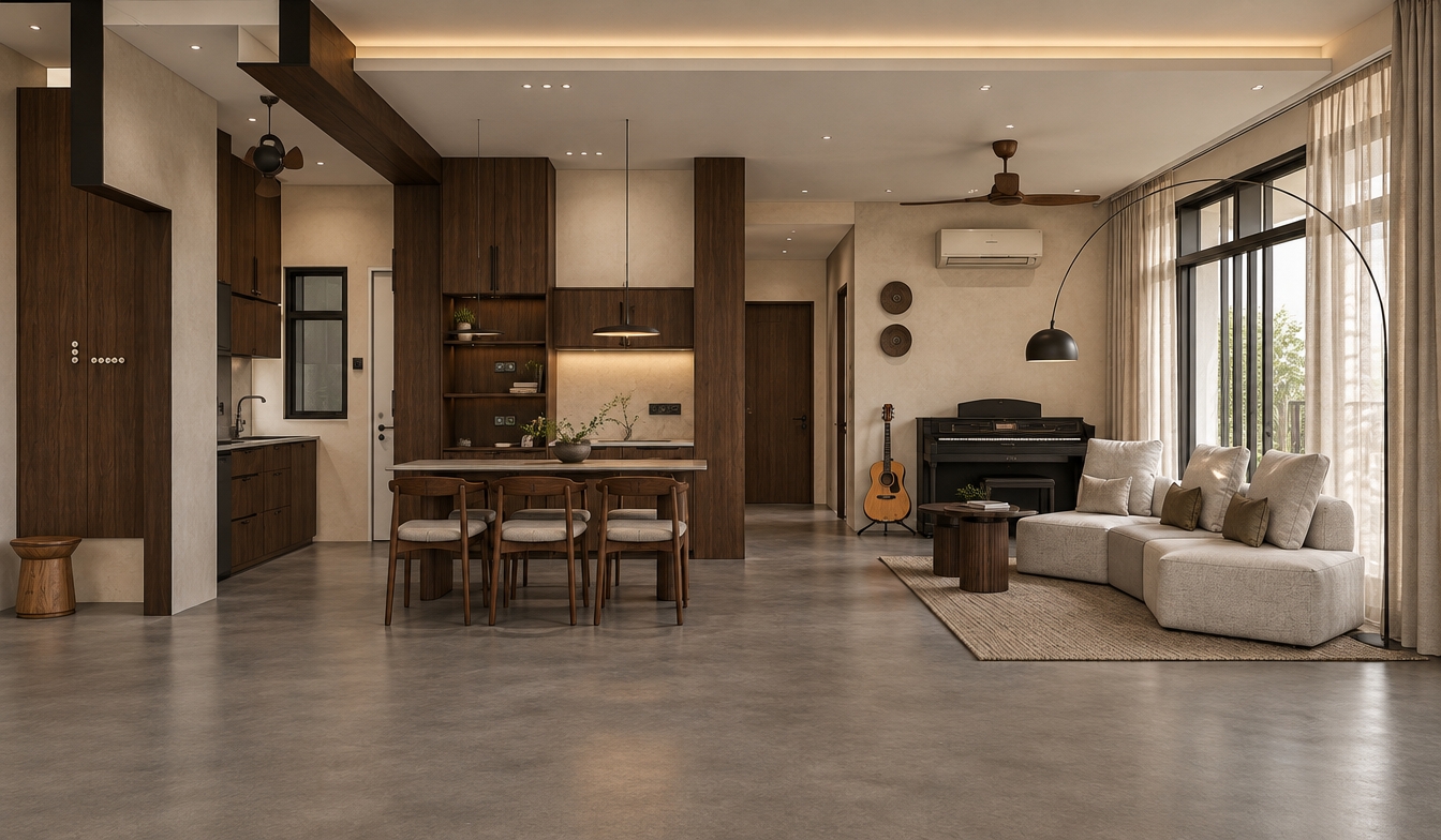 An architectural interior photograph of the exact room layout, illuminated by balanced ambient daylight from the sheer-curtained windows alongside warm, recessed ceiling light. All cabinetry, millwork, and the piano feature a tactile matte dark walnut brown laminate finish with delicate wood grain physics. The walls are finished in a smooth, warm light beige plaster to suit a mid-century modern aesthetic, while the floor is rendered in a continuous medium-dark grey microcement showing subtle organic trowel variations. Captured with a straight-on architectural lens, balanced exposure, clean vertical lines, realistic soft contact shadows, and natural photographic depth.