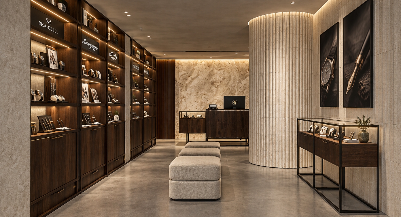 A photorealistic interior photograph of an upscale watch and pen boutique, strictly preserving the exact architecture, geometry, and composition of the space. Rich dark walnut cabinetry lines the left with warm integrated shelf lighting subtly showcasing displays and discreet signage for Sea-Gull, Montegrappa, Rotary, Peacock, and Minase. In the background, soft concealed cove lighting illuminates the polished veined marble feature wall behind the dark wood reception desk. Authentic surface textures define the room, from the tactile vertical grooves of the cream stone column to the matte poured-concrete flooring, brushed black metal display console, and woven upholstery of the central benches. Captured on a 35mm architectural lens with balanced ambient light, soft natural contact shadows, realistic glass reflections, and subtle photographic grain.