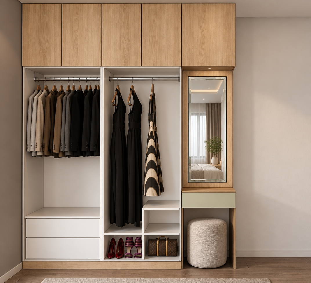 A crisp eye-level interior photograph of the exact built-in closet and vanity unit, featuring authentic light oak wood grain on the cabinetry, matte white interior shelving, and a beveled glass mirror with realistic reflections. Beneath the floating vanity drawer, an elegant upholstered fabric pouf stool sits neatly in the open lower niche. Hanging garments and accessories display natural fabric folds and tactile textures, illuminated by soft, warm diffused ambient light that creates subtle contact shadows and gentle specular highlights on polished chrome rails, captured with sharp architectural clarity and realistic photographic depth.