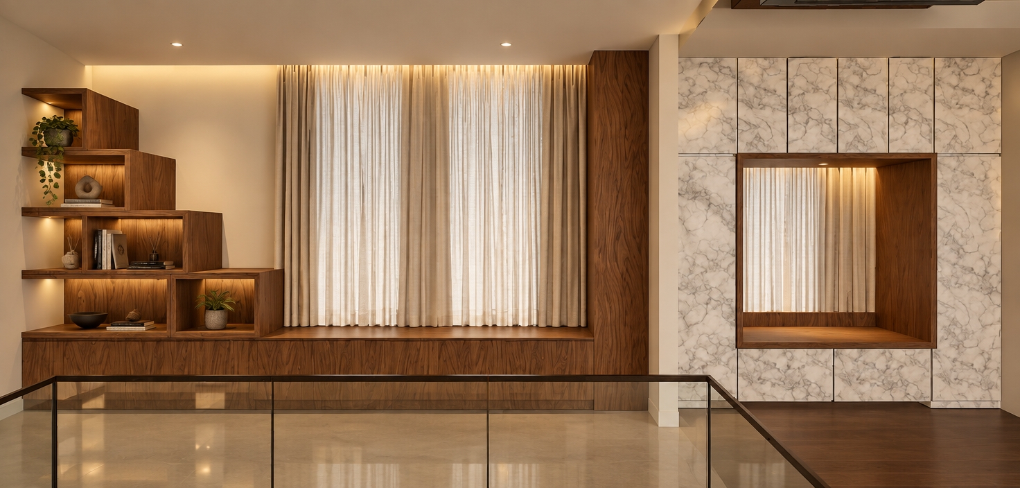 An eye-level architectural photograph capturing the exact layout, rendering the stepped shelving and recessed niche in warm, authentic walnut grain alongside polished white marble paneling. Warm artificial interior lighting softly washes across the room, casting gentle ambient shadows and glowing subtly behind the finely textured pleated linen curtains. The foreground glass railing shows crisp, faint reflections, framed with sharp focus, balanced dynamic range, realistic surface textures, and natural depth.