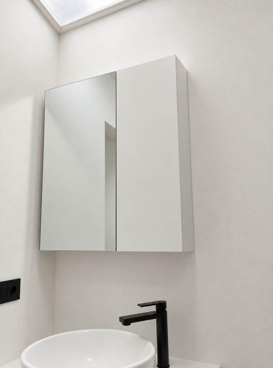 An incredibly lifelike, richly detailed, photorealistic eye-level shot of a serene minimalist powder room set in a contemporary, tranquil home. The scene is illuminated by soft, natural ambient daylight drifting through an overhead frosted glass skylight without artificial glare, creating a calm, meditative atmosphere. Captured with a 35mm prime lens, emphasizing ultra-matte chalk-white finishes, crisp mirror reflections, and smooth ceramic surfaces. The two-tone unit is reimagined into an elegant, pure matte-white floating medicine cabinet seamlessly integrated alongside a flush, frameless mirror panel completely free of integrated lighting, championing raw simplicity. Below, a sleek matte black faucet provides a balanced graphic contrast against a soft-edged white vessel basin resting on a matching minimalist white floating shelf, transforming the compact powder room into an airy, uncluttered sanctuary of modern purity.