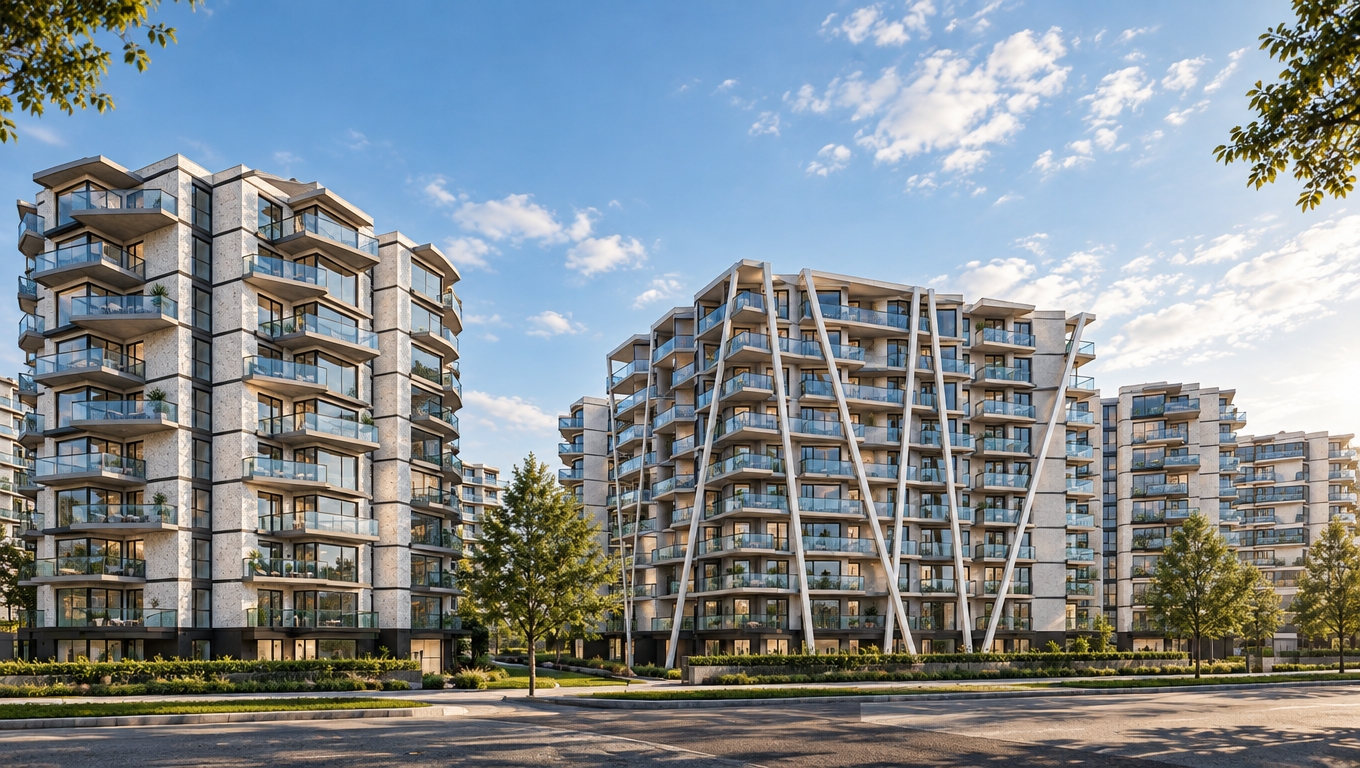 A crisp daylight architectural photograph capturing the exact modern apartment complex composition, shot with a wide-angle tilt-shift lens under soft natural sunlight. The building facades are finished with tactile white terrazzo panels and varied tones of smooth architectural concrete, contrasted by sleek dark window frames and clean glazed balcony railings. Realistic sky reflections wash over the glazing, while select interior units glow with warm indoor lighting, complemented by subtle potted greenery on balconies. The surrounding trees, manicured lawns, and paved foreground feature authentic organic textures, balanced shadows, fine surface micro-details, and faint lens vignetting for true photographic realism.