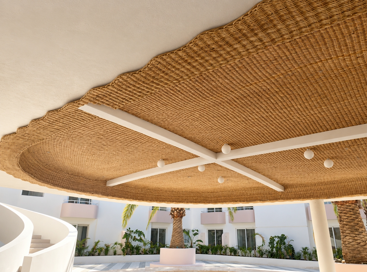 A wide-angle architectural photograph capturing the exact scene and composition, replacing the sketched white ceiling marks with smooth, painted white structural wooden beams that support the ceiling. The natural woven wicker ceiling canopy is taut, cleanly stretched, and evenly tensioned across the frame, with all dangling wires completely removed. Soft, warm daylight reflects off the courtyard and white stucco walls, casting natural, gentle diffuse shadows under the pavilion while highlighting the organic fiber texture of the wicker weave and the matte grain of the white beams, rendered with crisp focus and subtle realistic lens warmth.