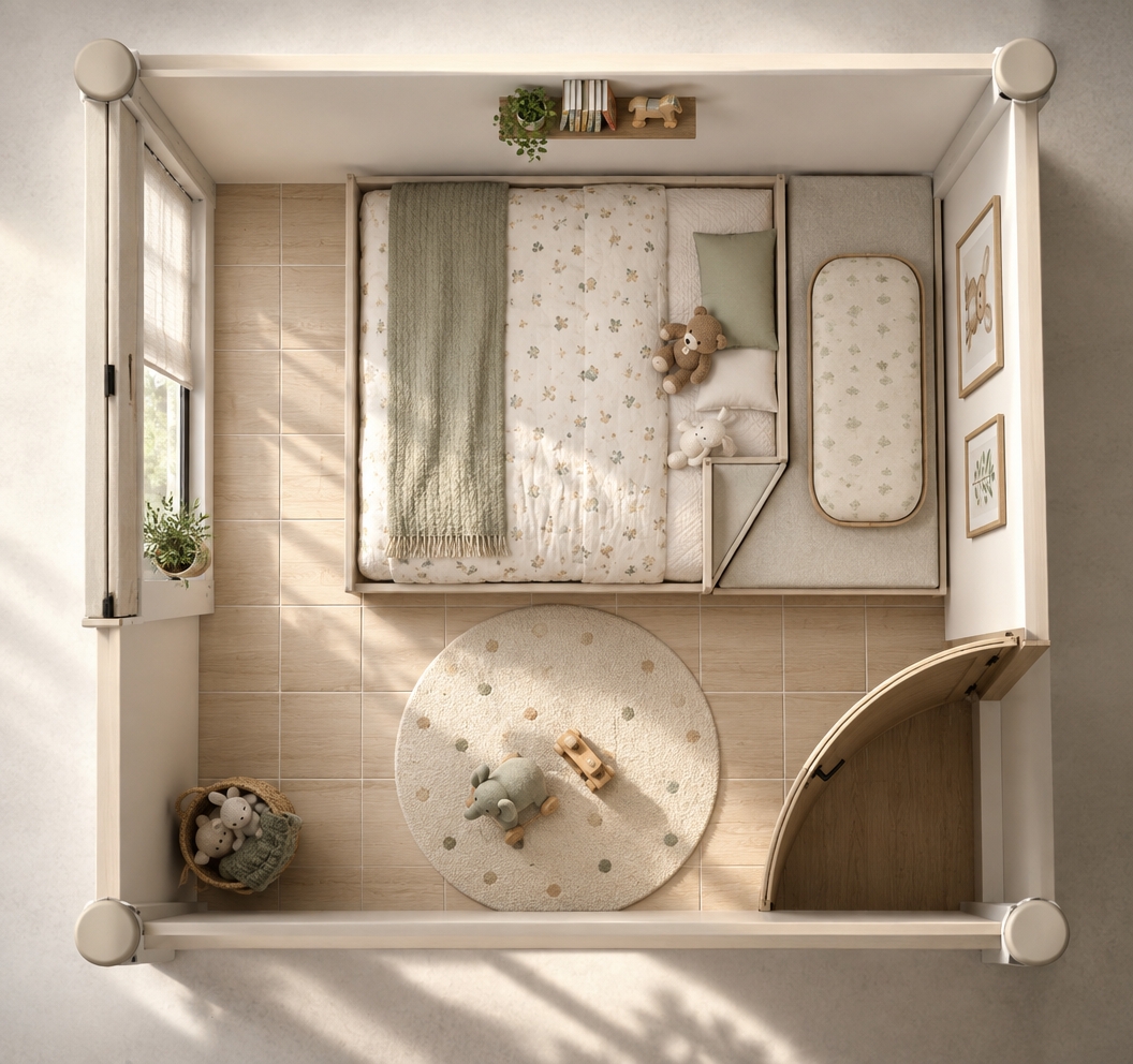 A top-down architectural photograph of the compact one-year-old baby nursery layout, illuminated by soft, warm morning light streaming from the window. The bed features textured, breathable organic cotton bedding with gentle natural creases and a soft pillow, resting on pale wood-look tiled flooring matching the grid. Clean matte walls, subtle ambient contact shadows, and realistic material textures define the cozy room, shot with a high-resolution overhead lens, neutral color temperature, faint depth of field, and delicate film grain.
