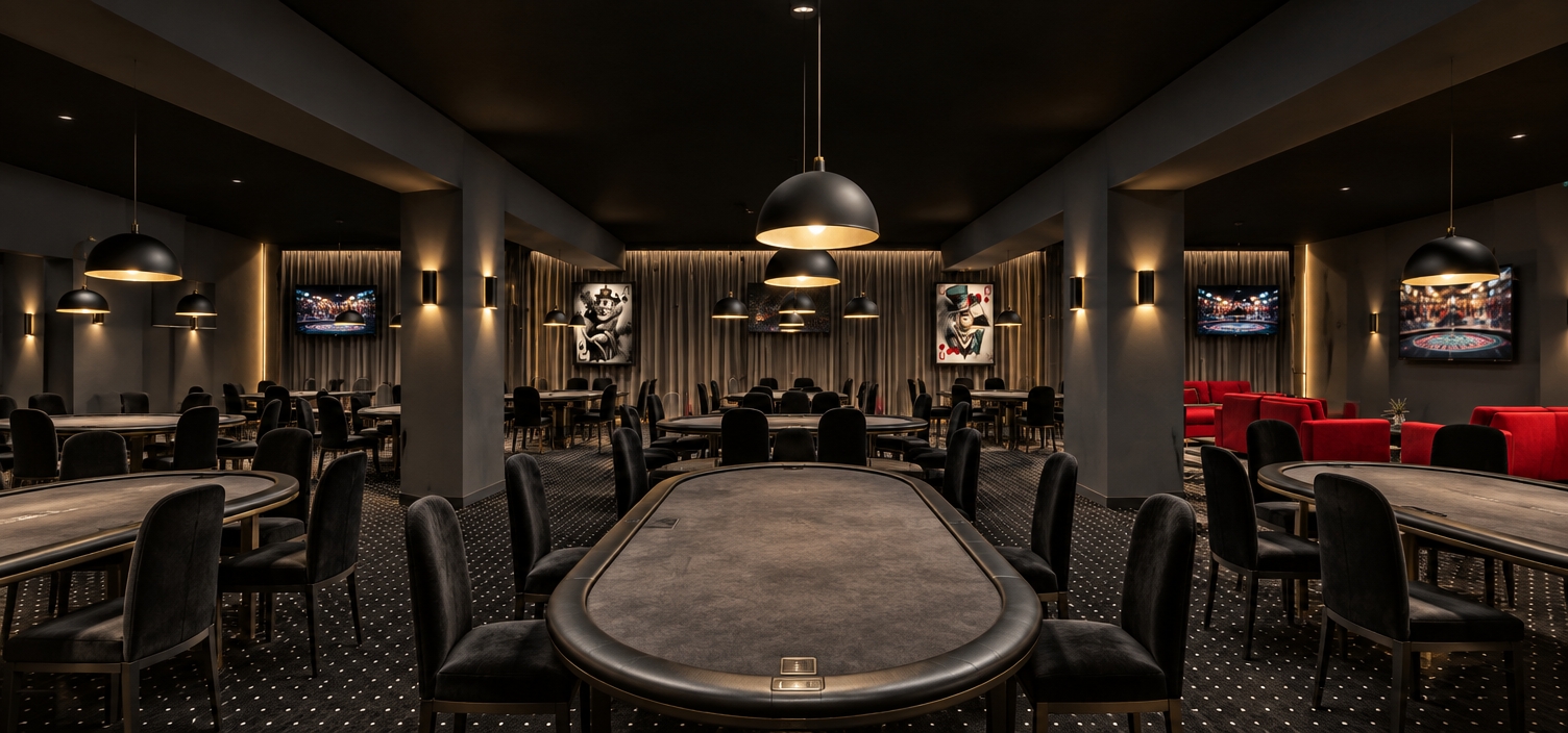 A wide-angle interior photograph of an upscale gaming lounge, preserving the exact layout, geometry, and perspective. The walls are finished in matte anthracite, complemented by a solid black ceiling and commercial black carpeting patterned with fine white dots. Sleek gray gaming tables feature tactile gray velvet inserts, paired with chairs upholstered in rich black velvet. Warm, focused light spills downward from the matte black dome pendants and modern wall sconces, creating moody atmospheric depth. In the background, pleated gray drapery is softly accented with integrated vertical backlighting, perfectly framing the unchanged card art on the walls. The wall-mounted monitors display subtle glowing footage of an active casino floor, while realistic fabric textures, faint surface reflections, and balanced shadows complete the authentic photograph.