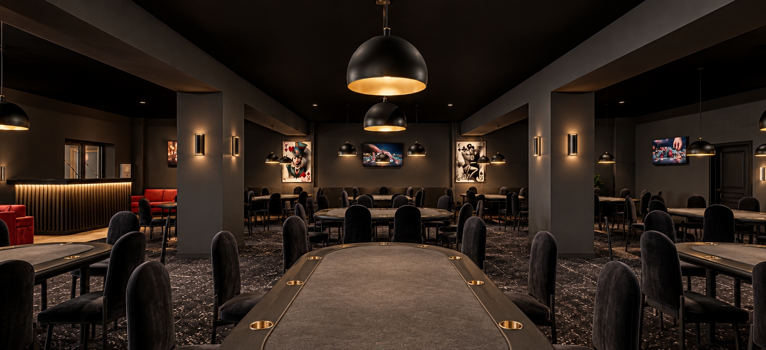 A realistic interior photograph maintaining the exact perspective and architecture, showing matte anthracite walls, a solid black ceiling, and textured black carpet subtly patterned with white speckles. The tables are sleek gray with tactile gray velvet inserts set into the tabletops, surrounded by elegant black velvet upholstered chairs. The hanging black dome pendants cast soft, warm pools of downlight over the tables, complemented by warm LED under-counter illumination glowing from the bar on the left. The mounted screens display vivid, ambient imagery of an active gaming lounge, while the framed playing-card artwork on the back wall remains untouched. The scene is shot with balanced interior lighting, rich micro-textures, gentle falloff, and natural depth of field.