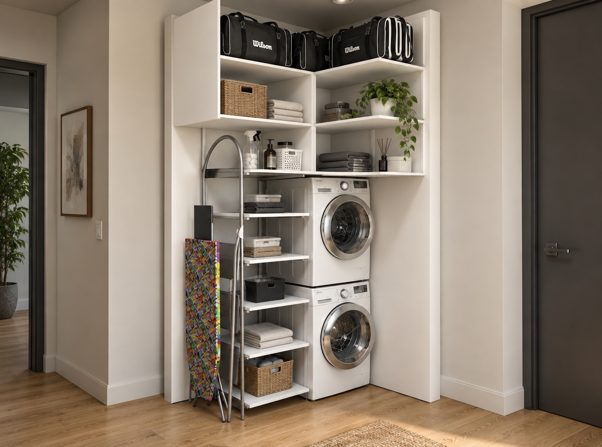 A sharp, realistic studio photograph capturing the exact layout, geometry, and composition of the laundry nook, illuminated by soft, natural diffuse lighting with balanced 4000K neutral-warm tones. The stacked washing machine and dryer feature realistic glossy enamel, clear glass door reflections, and brushed chrome rims, casting authentic soft contact shadows on the surrounding white matte cabinetry. The wooden flooring displays tactile oak grain with a subtle satin sheen, while the upper canvas bags and folded ironing board show realistic fabric weave textures. Captured with sharp architectural lens clarity, natural depth of field, delicate ambient occlusion, and faint lens vignetting to render the scene as an authentic, high-end interior photograph.