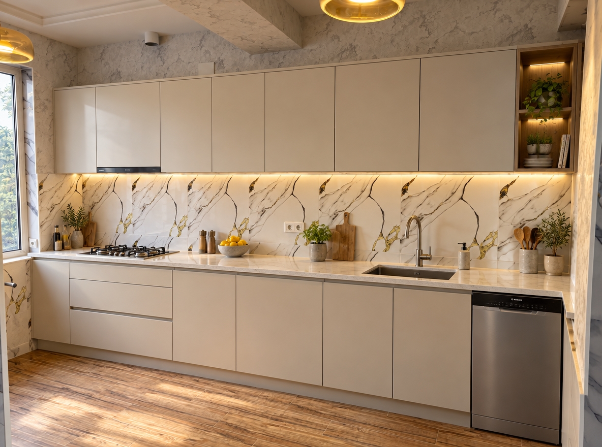 A wide-angle interior architectural photograph of the kitchen space, preserving the exact camera perspective, tiled marbled backsplash, textured plaster wall, and warm wood-look floor tiles, seamlessly integrating modern base and upper cabinetry along the perimeter. Positioned along the tiled wall, the kitchen layout features an integrated dishwasher at the far right edge, a mounted sink with faucet set roughly 65 centimeters from the right boundary over the plumbing hookups, an expansive continuous countertop workspace in the middle, and a built-in cooktop range positioned near the left window side. The scene is illuminated by soft, natural daylight diffused from the left window mixed with warm 3000K overhead pendant illumination, casting gentle shadows and authentic specular highlights across the smooth countertop, metallic fittings, and glossy marble tiles, rendered with subtle lens falloff, realistic ambient occlusion, and fine photographic texture.