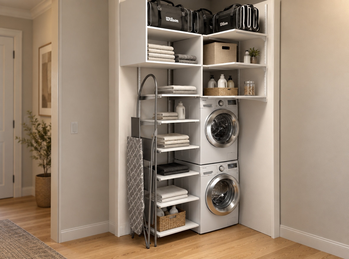 A crisp photograph of the laundry closet retaining the exact layout and white shelving structure, illuminated by soft warm ambient interior lighting with natural contact shadows. The stacked washing machine and dryer feature realistic reflective glass doors and brushed metallic trim, while the shelving displays clean matte laminate finishes adorned with neatly folded neutral linens and minimal laundry bottles. Authentic fabric textures define the folded ironing board and the top-shelf duffel bags, grounded on a realistic oak plank floor with subtle grain highlights, captured with standard lens perspective, fine photographic texture, and delicate depth of field.