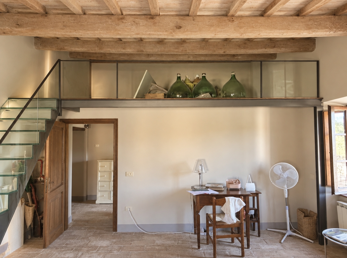 lighten the beams in sand, natural effect. Create a railing in the attic and glass stairs. It is a farmhouse in the countryside, natural tones, minimalist but refined environment
