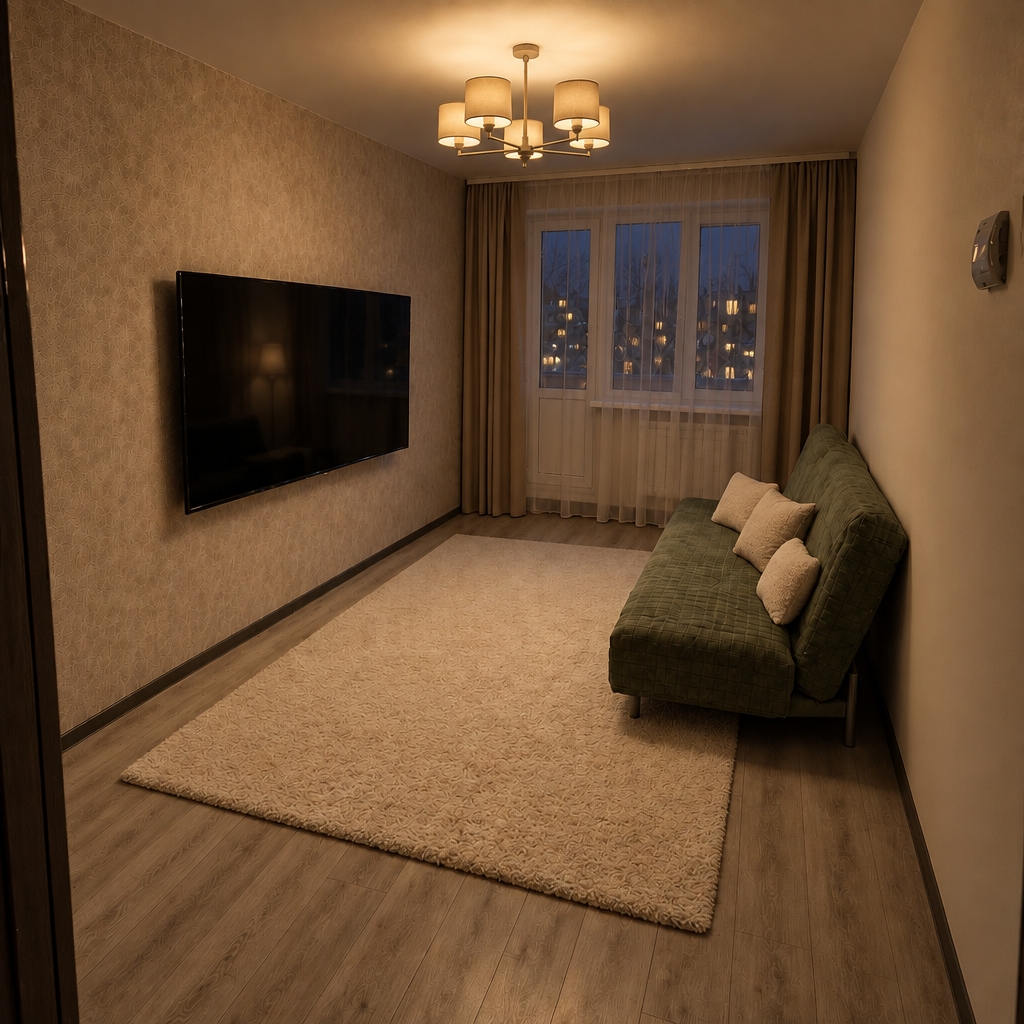 A photorealistic nighttime interior photograph of the exact room, preserving its layout, furnishings, and perspective. Deep winter darkness settles outside the window, contrasting with the warm incandescent glow radiating from the ceiling chandelier across the textured beige walls and light wood flooring. The switched-off television reflects faint room ambient light, while soft shadows fall naturally behind the green fabric sofa and across the plush cream rug. Captured with natural low-light photography characteristics, featuring subtle film grain, realistic fabric textures, and gentle vignetting that emphasize a quiet, cozy winter evening.